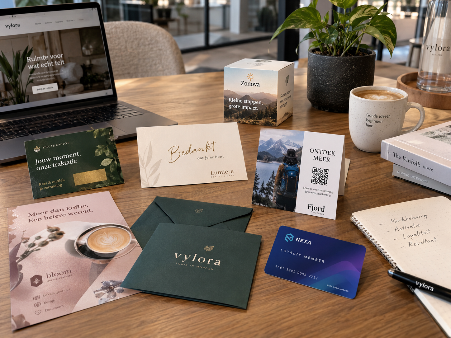 Verschillende vormen van activatiedrukwerk op een realistische zakelijke marketingtafel