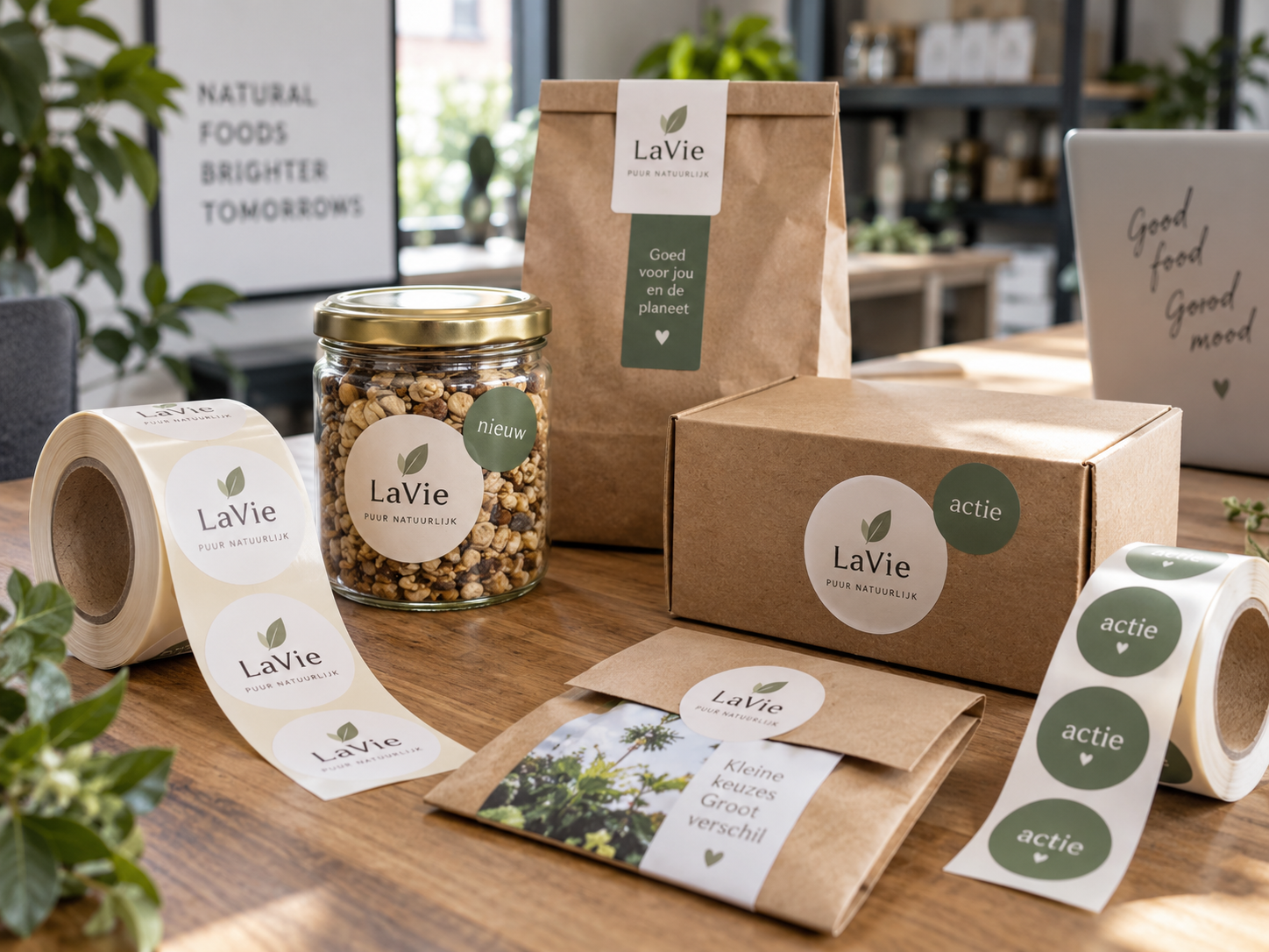 Promotionele stickers op rol toegepast op producten verpakkingen en dozen