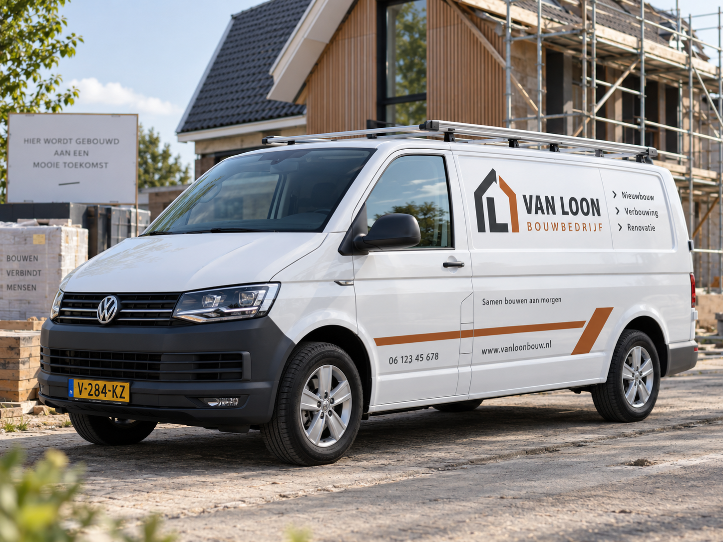 Voorbeeld van goed herkenbare autobelettering op een Volkswagen bedrijfswagen