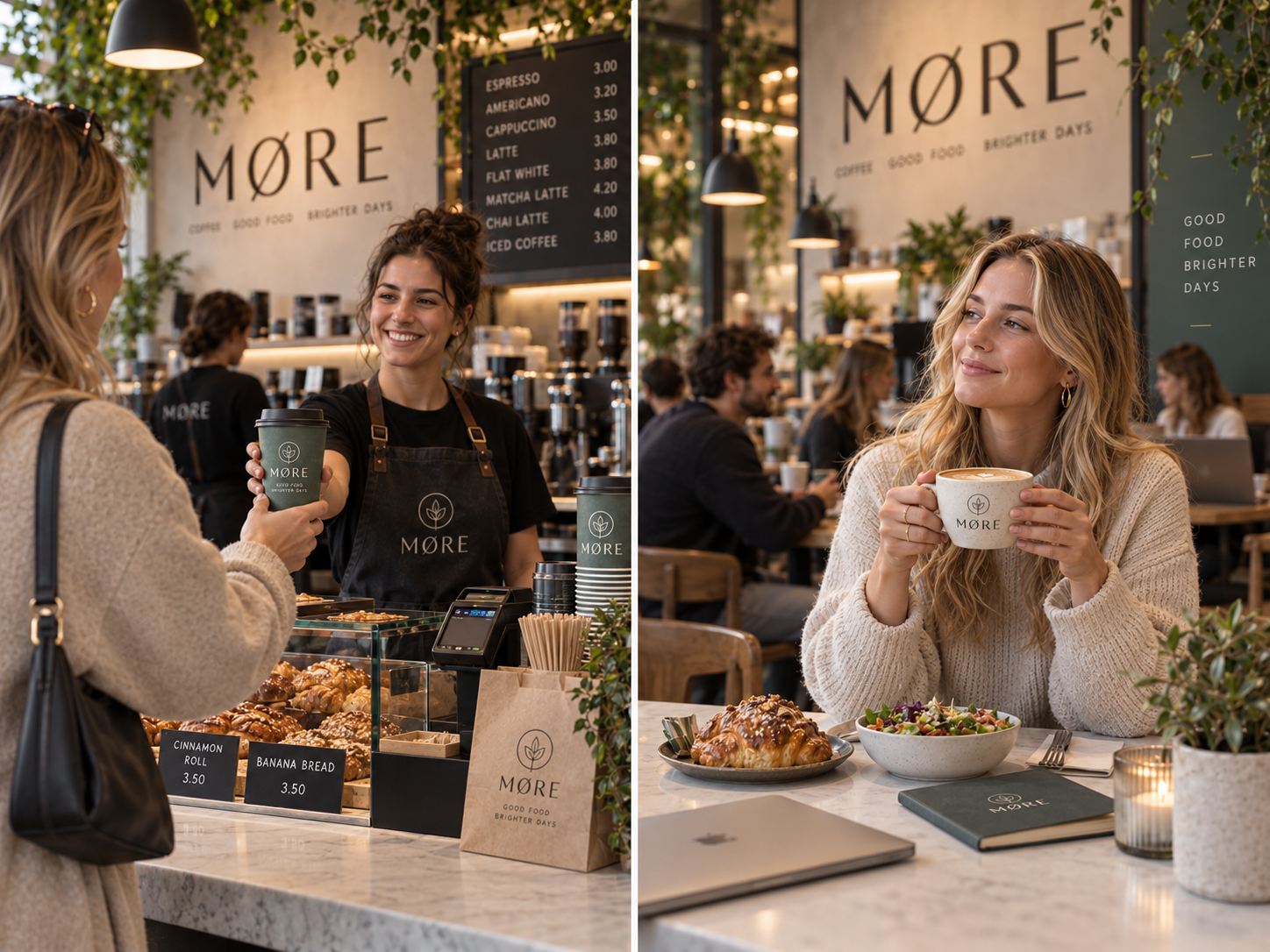 Fotografische vergelijking van dezelfde Nederlandse koffiebar met takeaway koffie en consumptie ter plaatse
