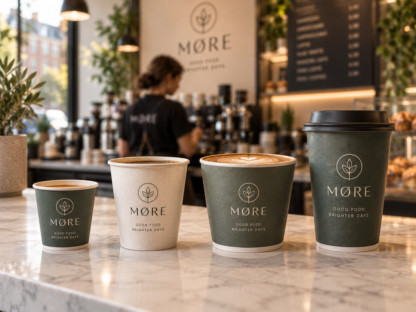 Vier professioneel bedrukte koffiebekers van hetzelfde merk in oplopende formaten voor espresso koffie cappuccino en takeaway