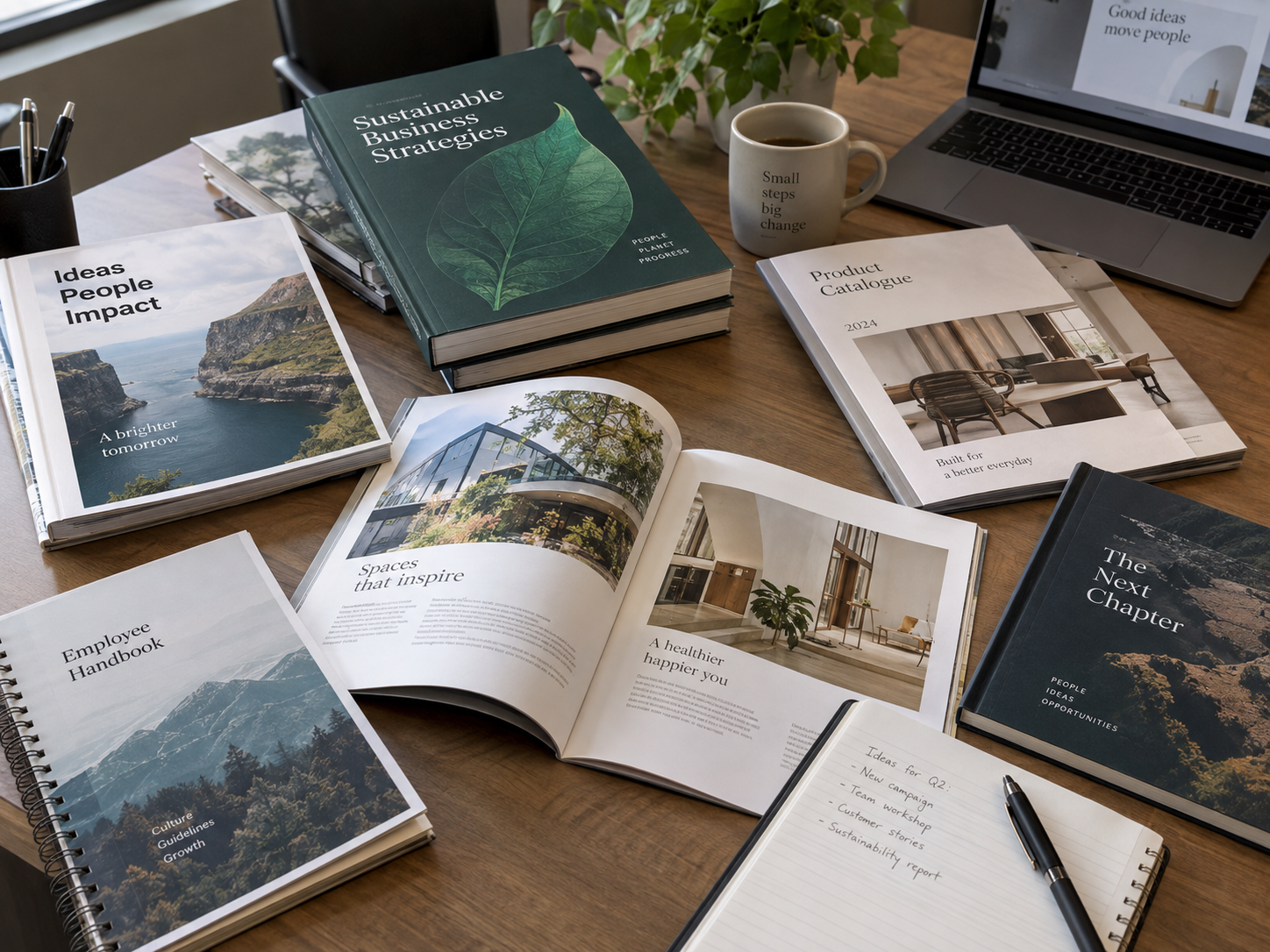 Verschillende zakelijke boekjes magazines catalogi handleidingen en boeken op een professionele werkplek