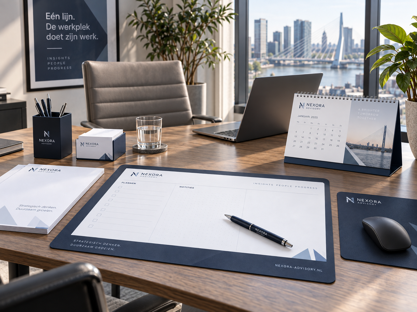 Rustige zakelijke werkplek met consistent bedrukte bureau accessoires en voldoende ruimte om te schrijven plannen en werken