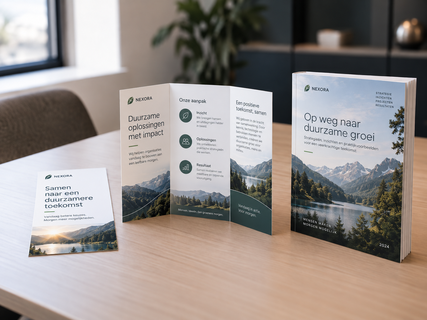 Professionele flyer folder en boekje naast elkaar als vergelijking van informatiehoeveelheid