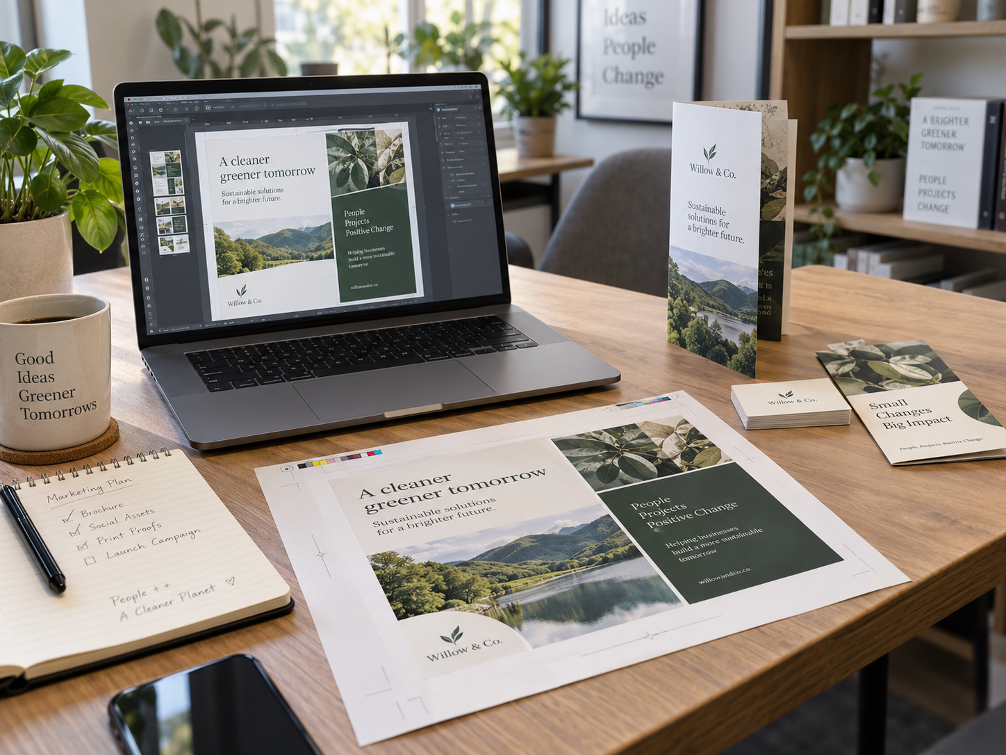 Ontwerpbestand laptop proefdruk en bestaand zakelijk drukwerk op een professionele werkplek