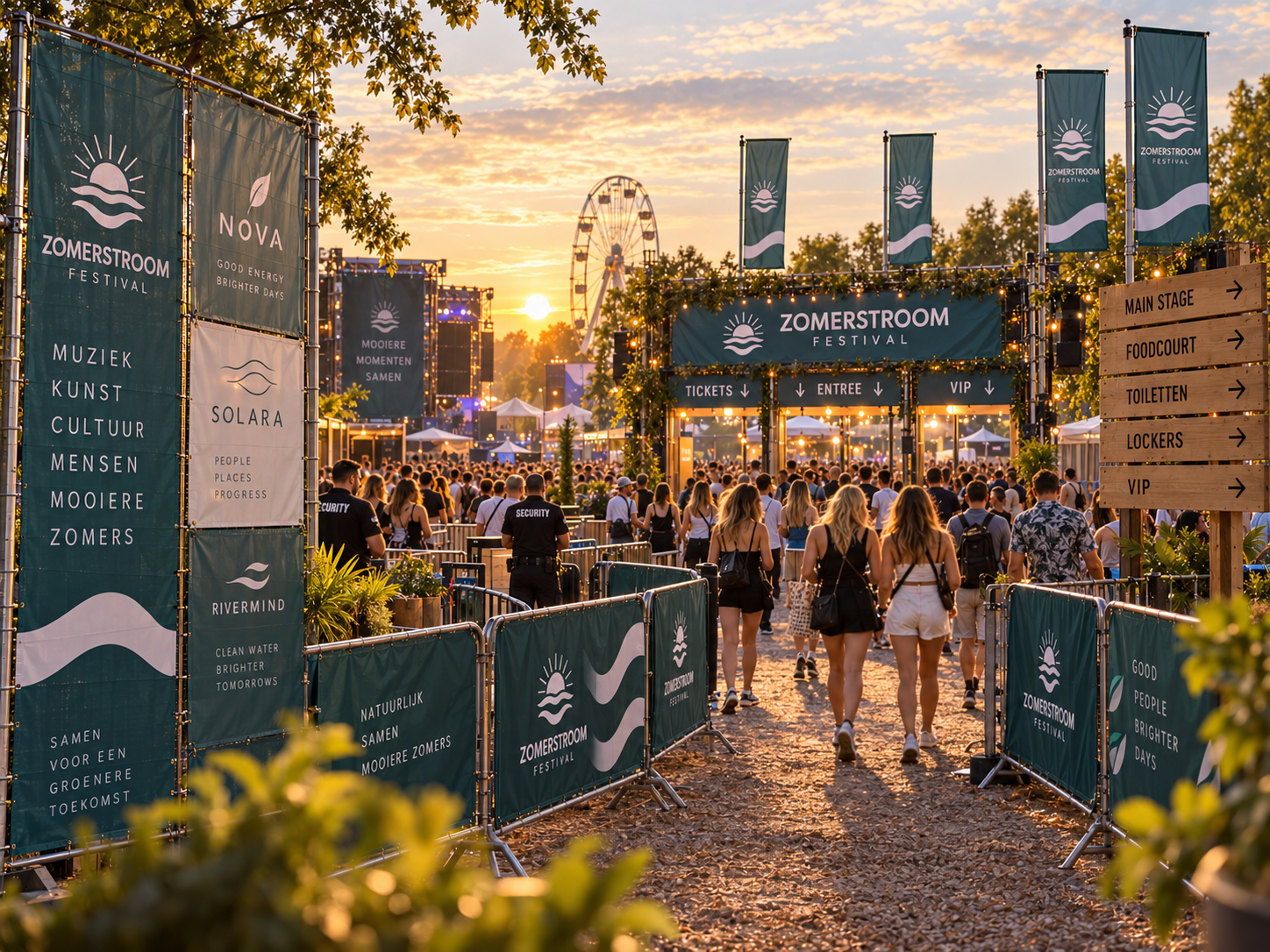Festivalterrein met bouwhekdoeken en dranghekdoeken voorzien van eventbranding routing en sponsorcommunicatie