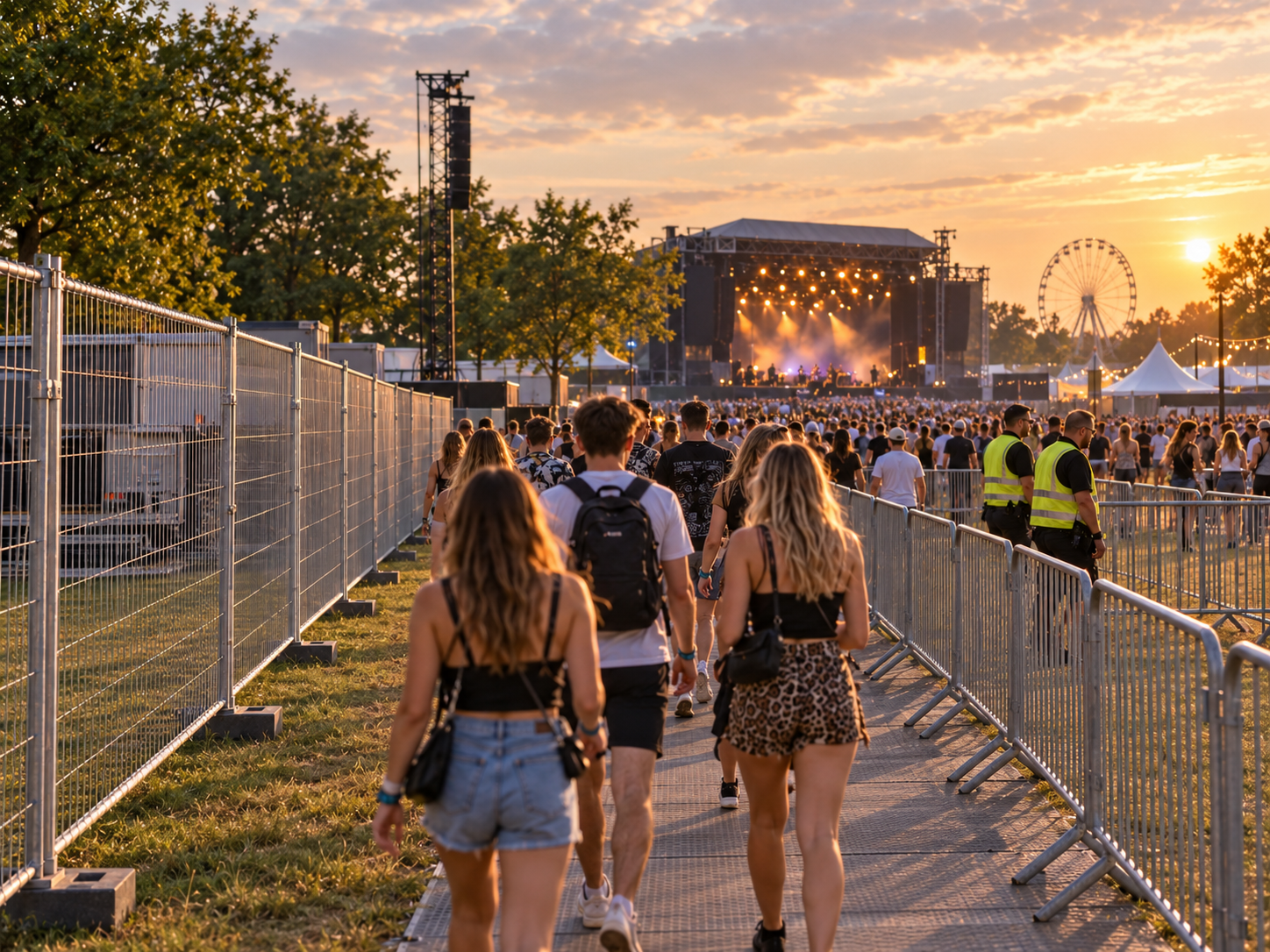 Festivalterrein met functionele kale bouwhekken en dranghekken zonder branding