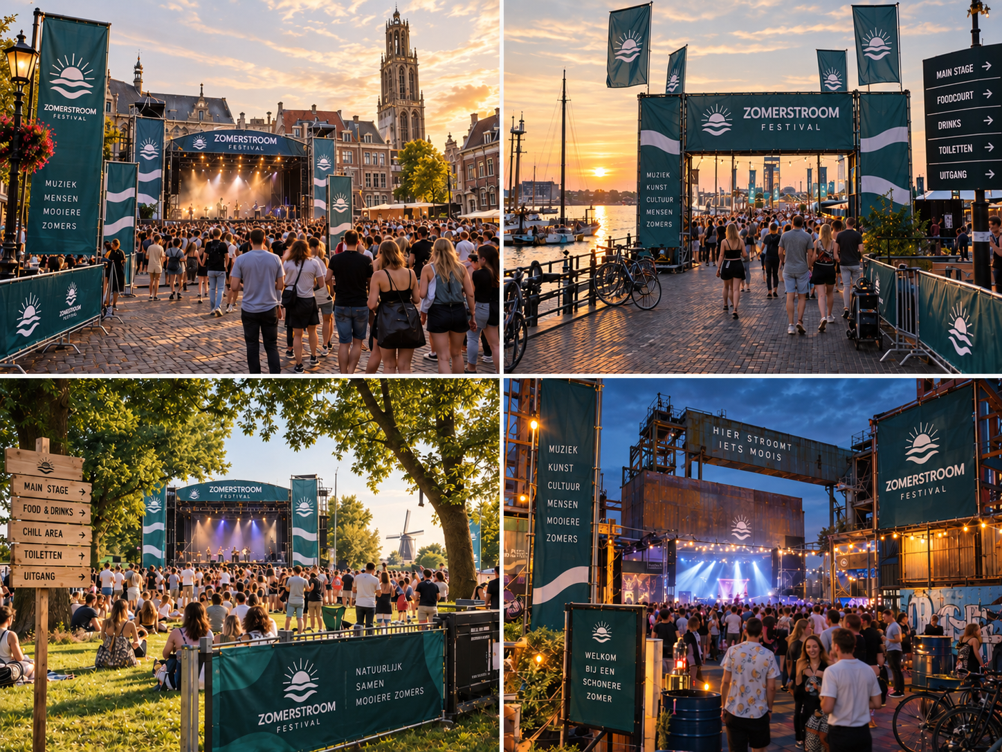 Meerdere verschillende Nederlandse eventlocaties van hetzelfde fictieve evenementconcept met consistente branding