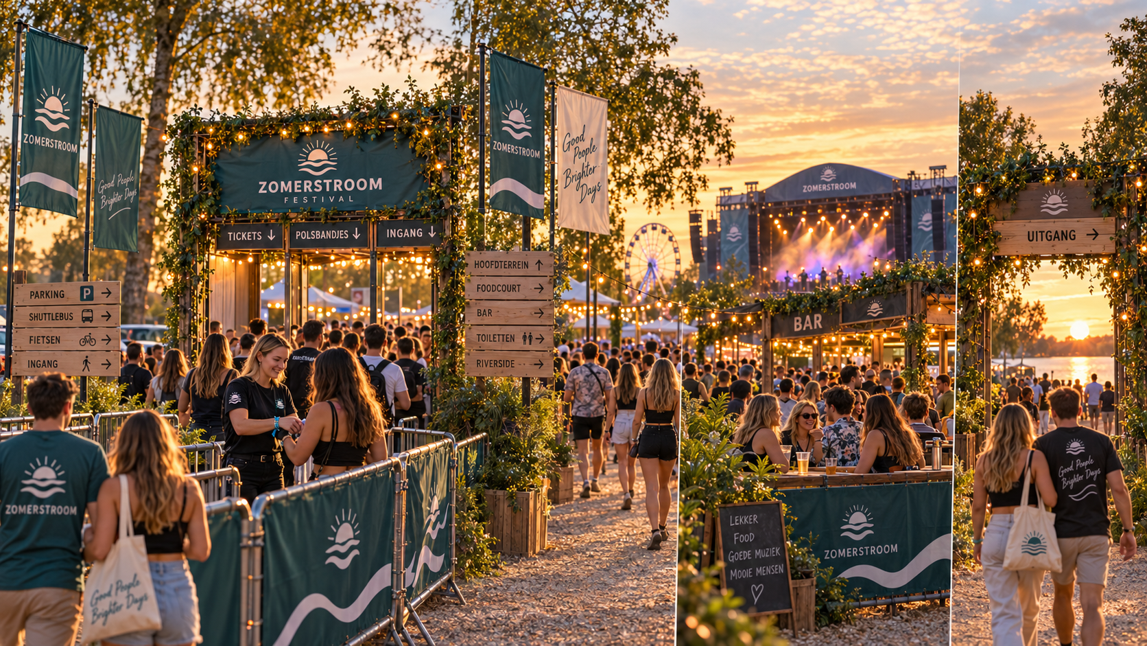 Visuele bezoekersroute door hetzelfde festival van voor de poort via entree terrein hoofdzone bar en uitgang