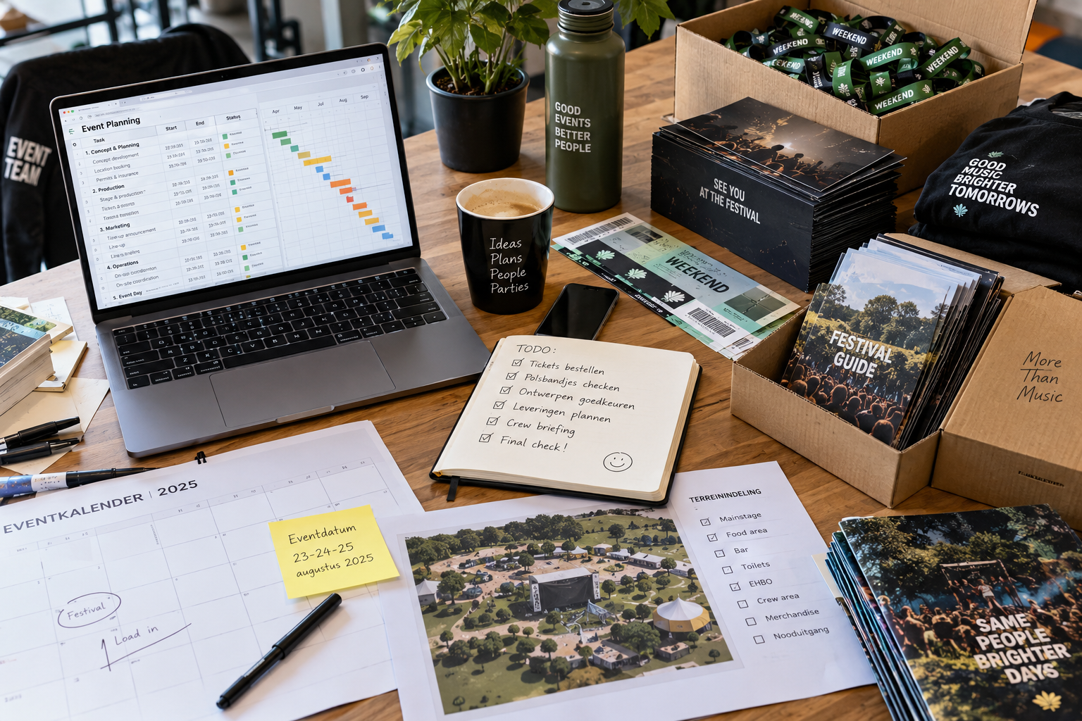 Professionele eventvoorbereiding met planning eventdatum tickets polsbandjes ontwerpen en verpakte eventcommunicatie