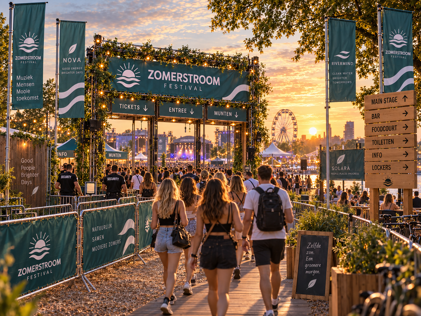 Professioneel Nederlands festivalterrein met entree bouwhekdoeken dranghekdoeken vlaggen routing en sponsorcommunicatie