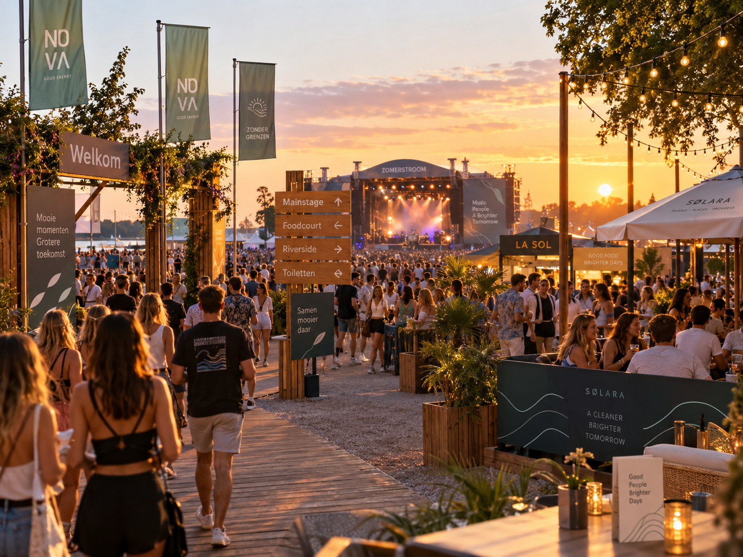 Festivalterrein met sponsorcommunicatie slim verdeeld over entree bezoekersroute hoofdzone en hospitality