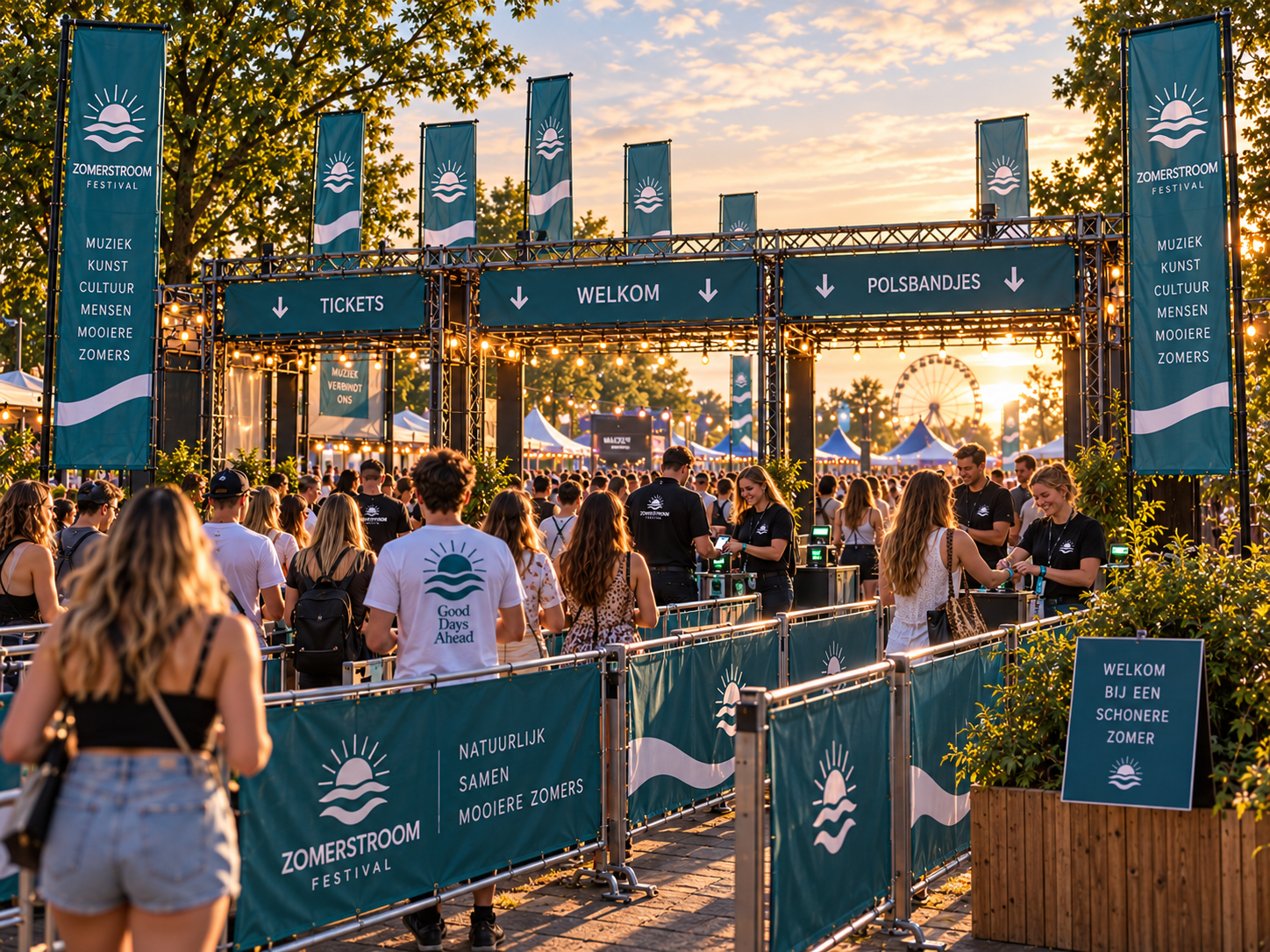 Professionele festivalingang met duidelijke rijen ticketcontrole polsbandjes dranghekdoeken en vlaggen