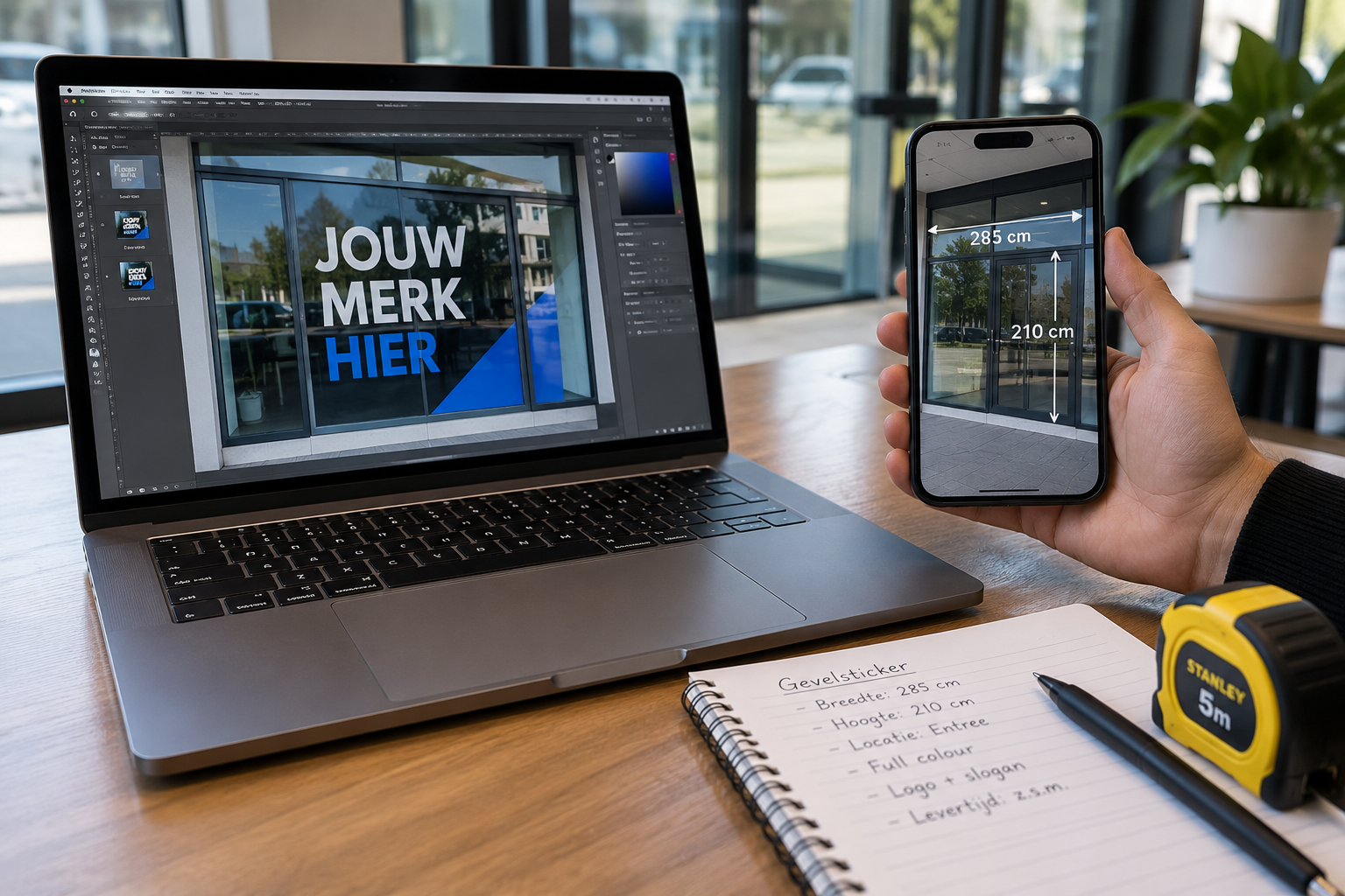 Laptop met stickerontwerp smartphone met foto van plakplek en duidelijke maatvoering