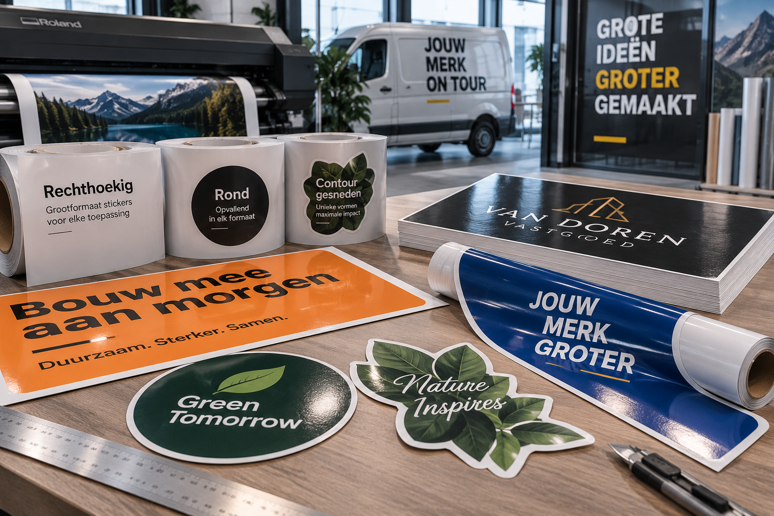 Rechthoekige ronde en contourgesneden grote stickers in professionele zakelijke uitvoering