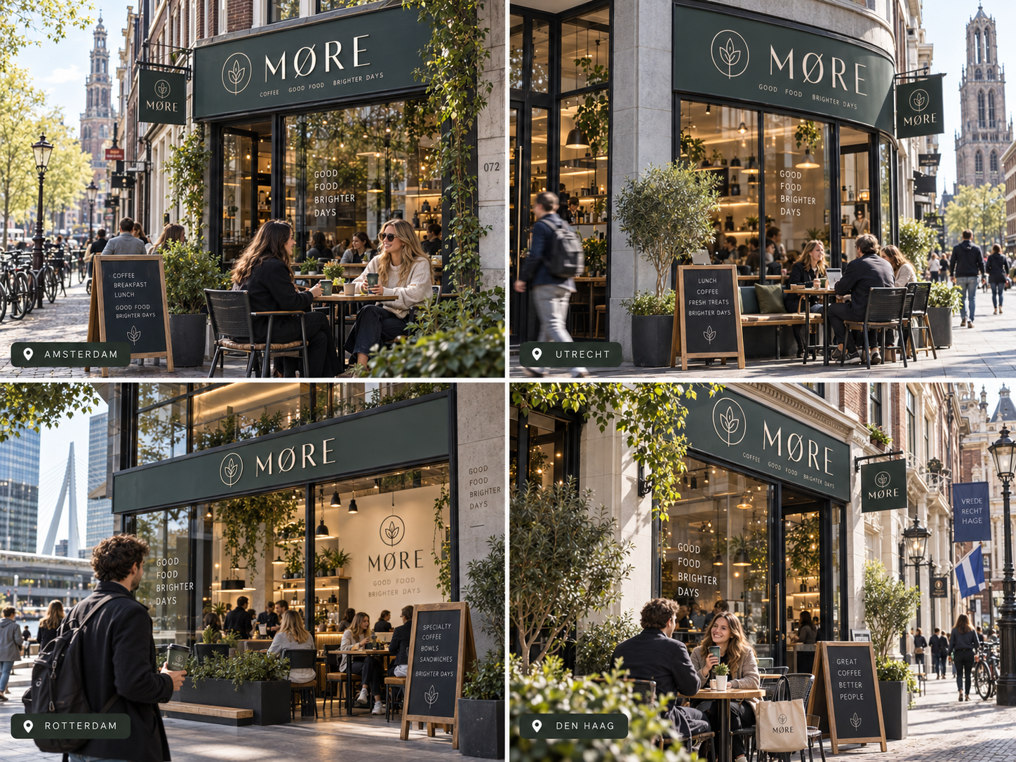 Verschillende Nederlandse commerciële locaties van hetzelfde fictieve merk met consistente Print en Sign identiteit