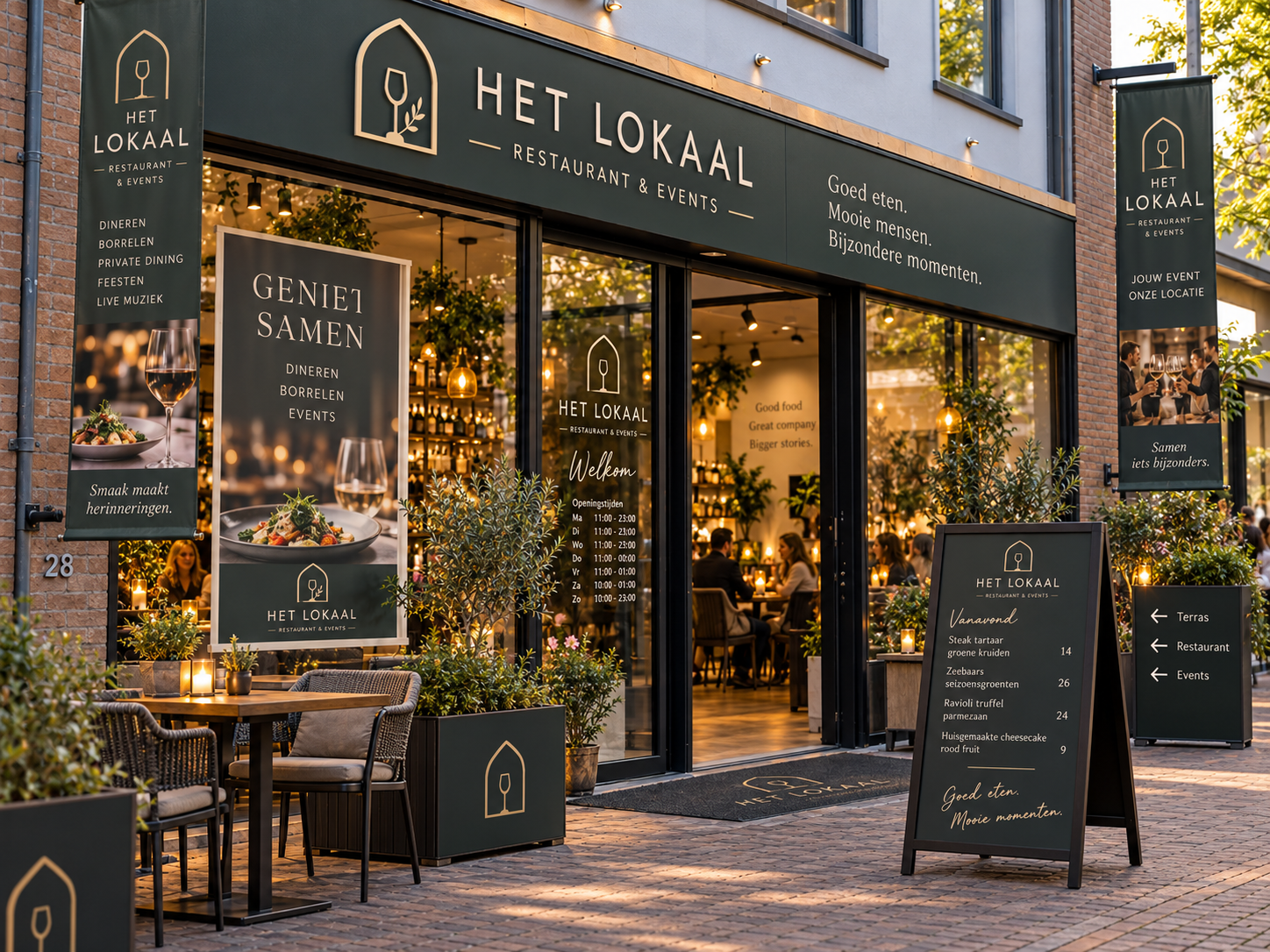 Professionele commerciële locatie met samenhangende Print en Sign communicatie in één herkenbare huisstijl