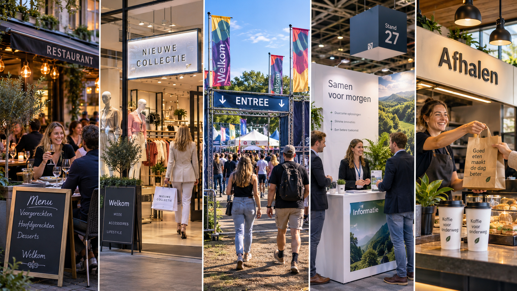 Vijf verschillende commerciële momenten in horeca retail evenement beurs en takeaway