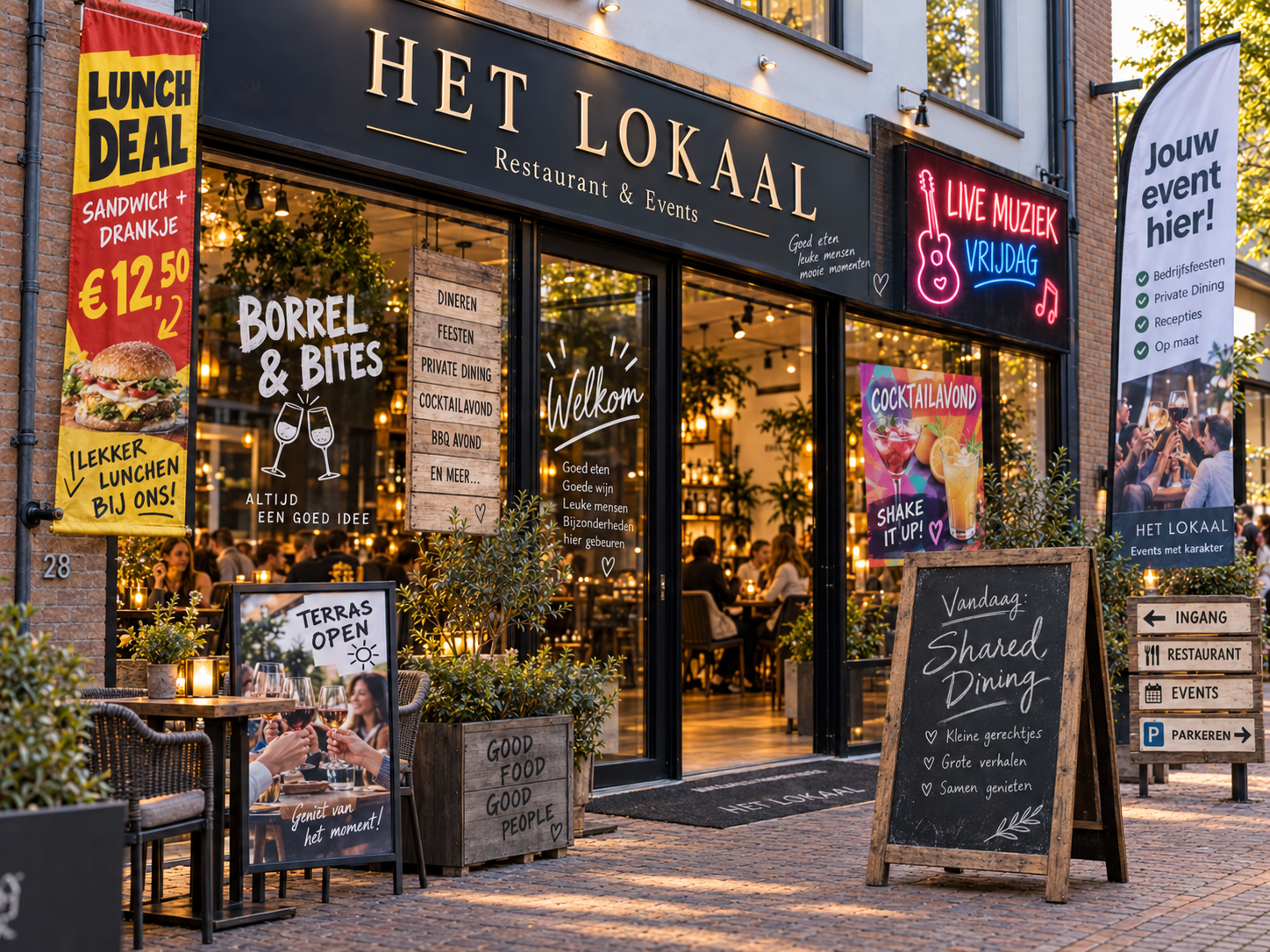 Commerciële locatie met professionele maar onderling volledig onsamenhangende Print en Sign communicatie
