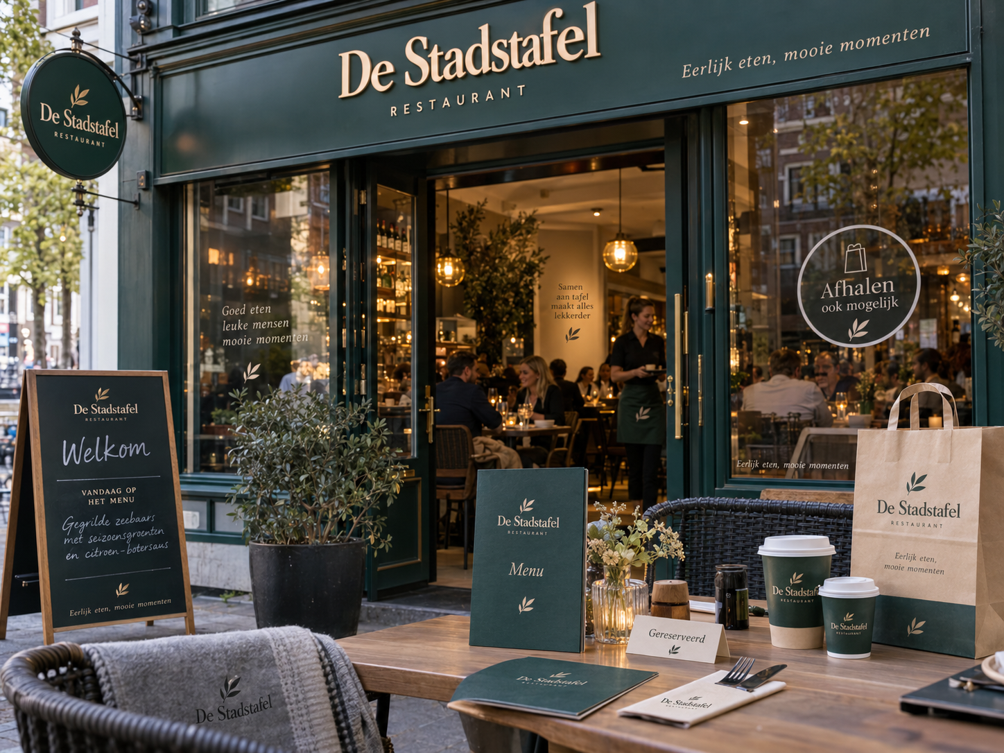 Professioneel Nederlands restaurant met samenhangende gevel tafel menu en takeaway communicatie