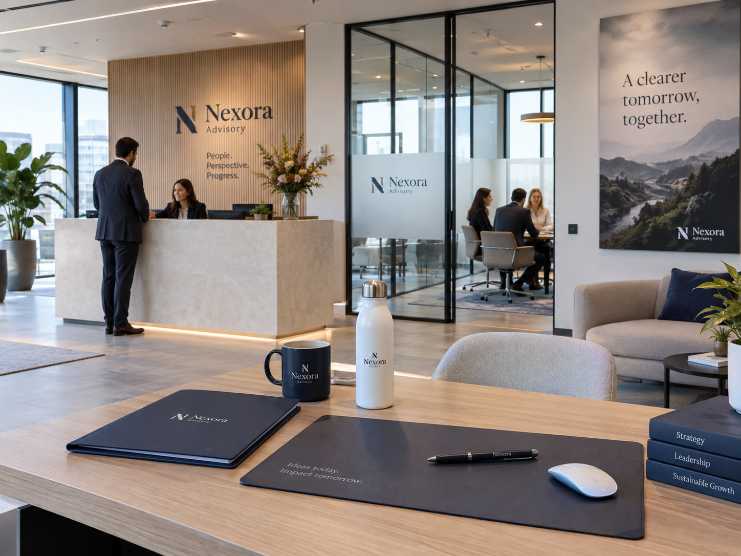 Modern kantoorinterieur met professionele wandbranding glazen kantoorwanden en herkenbare zakelijke huisstijl