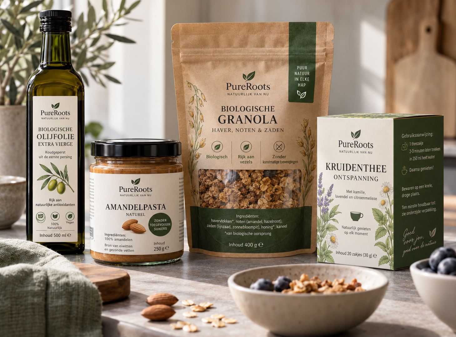 Professionele Nederlandse productetiketten op verschillende producten en verpakkingen