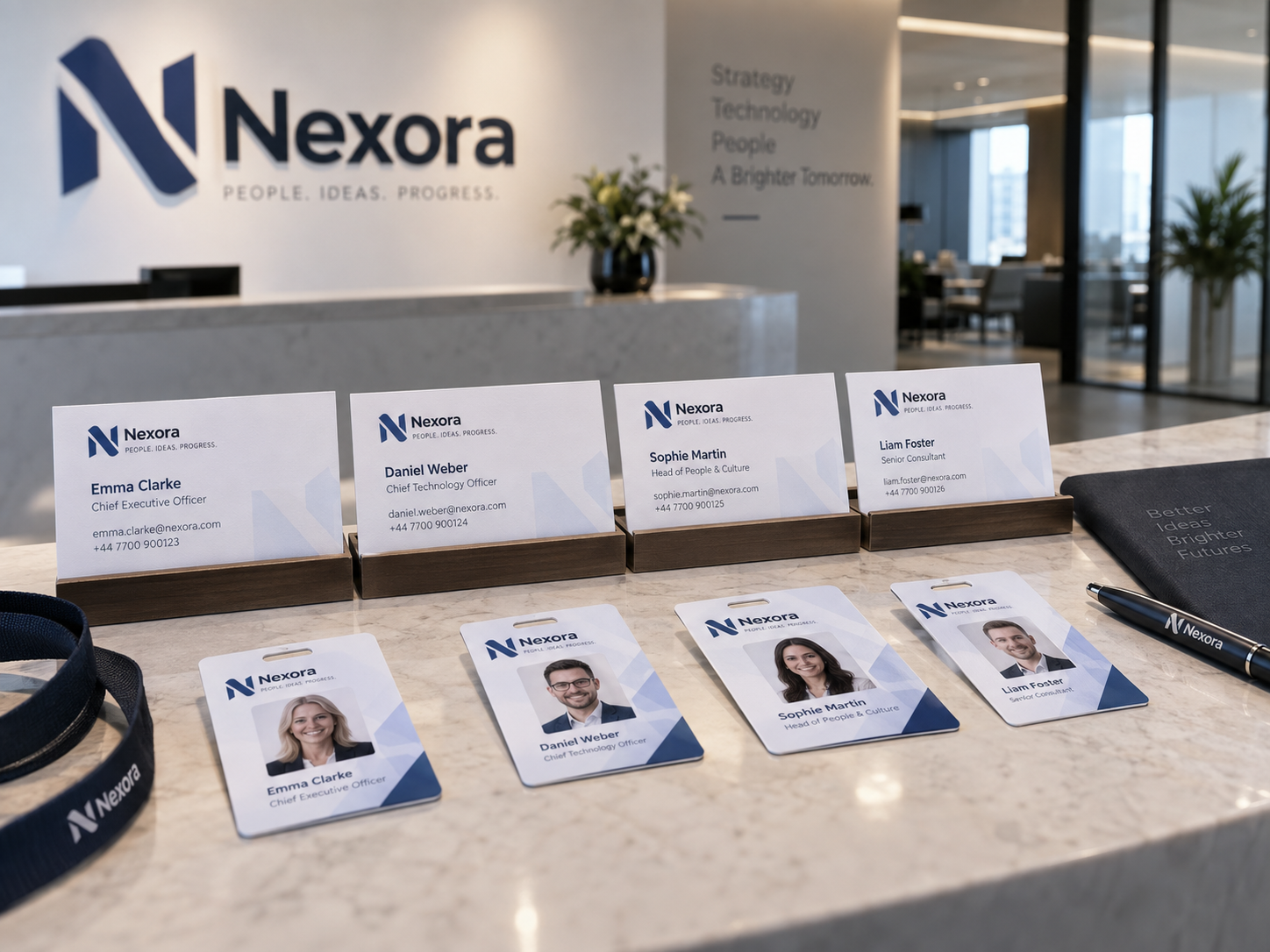 Professionele visitekaartjes en PVC pasjes voor meerdere medewerkers in één consistente zakelijke huisstijl