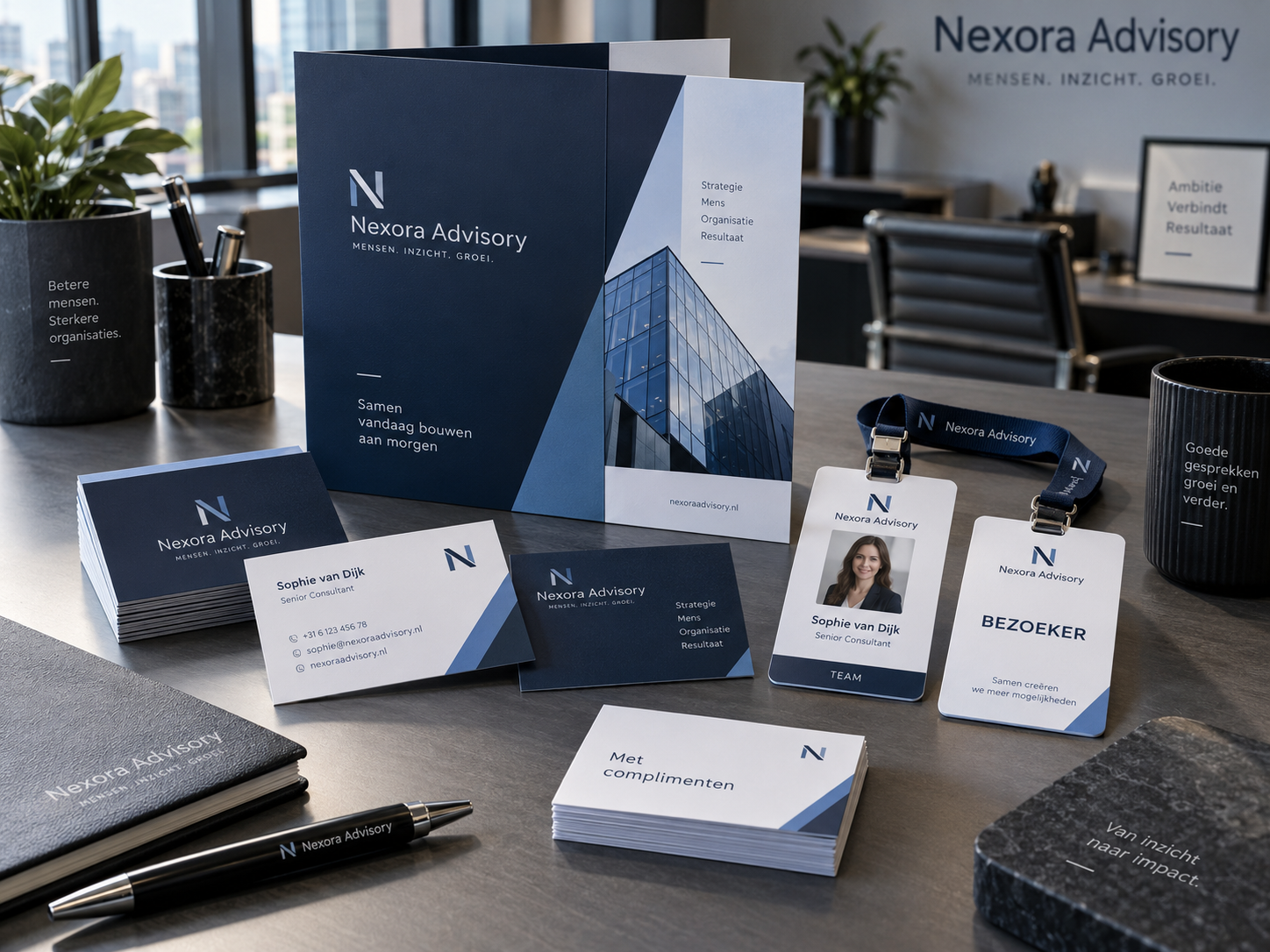 Complete zakelijke netwerkset met visitekaartjes presentatiemap PVC pas en compliment cards in consistente huisstijl