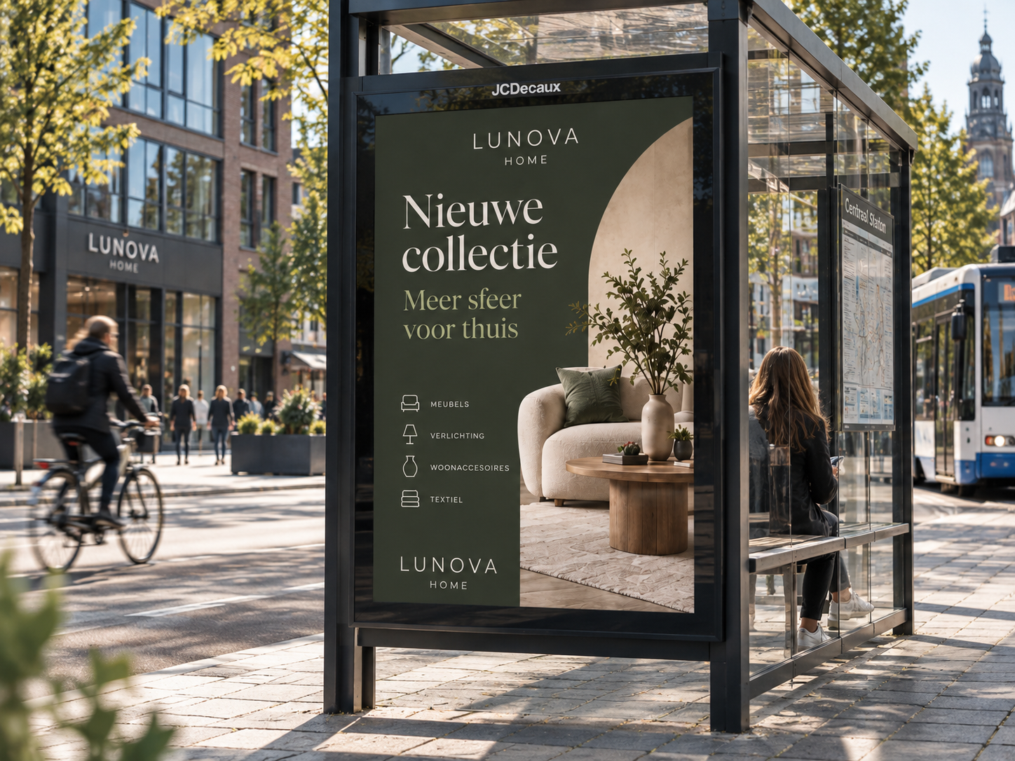 Professioneel bedrukte abri poster in een moderne Nederlandse stedelijke omgeving