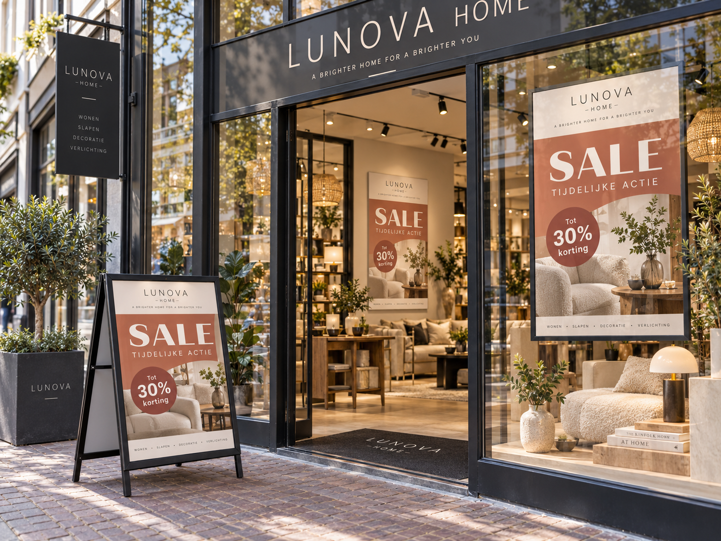 Moderne Nederlandse winkel met professioneel bedrukte etalageposter stoepbord en poster aan binnenwand in één campagne