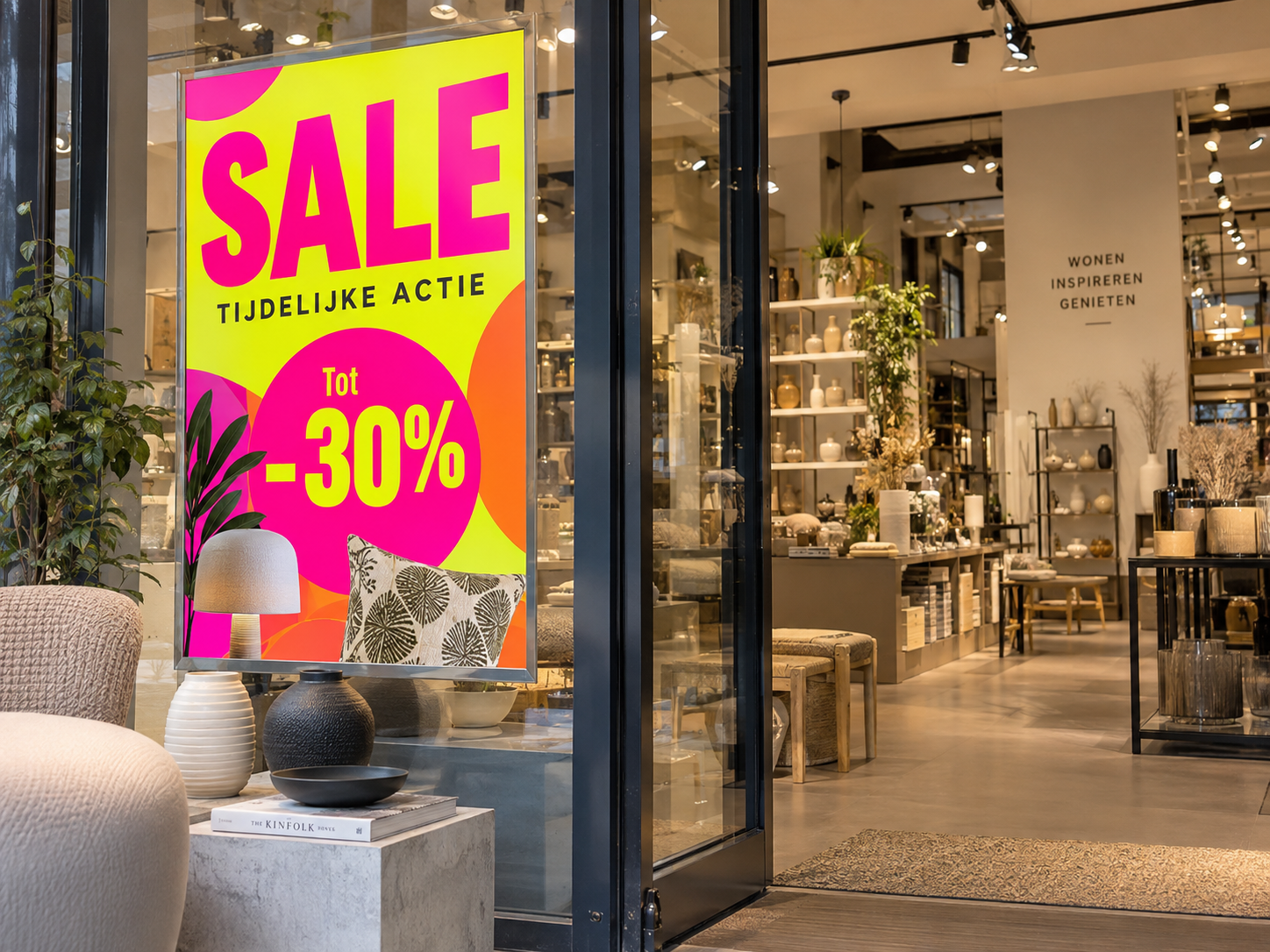 Felgekleurde professioneel bedrukte neonposter voor een tijdelijke sale actie in een moderne winkel