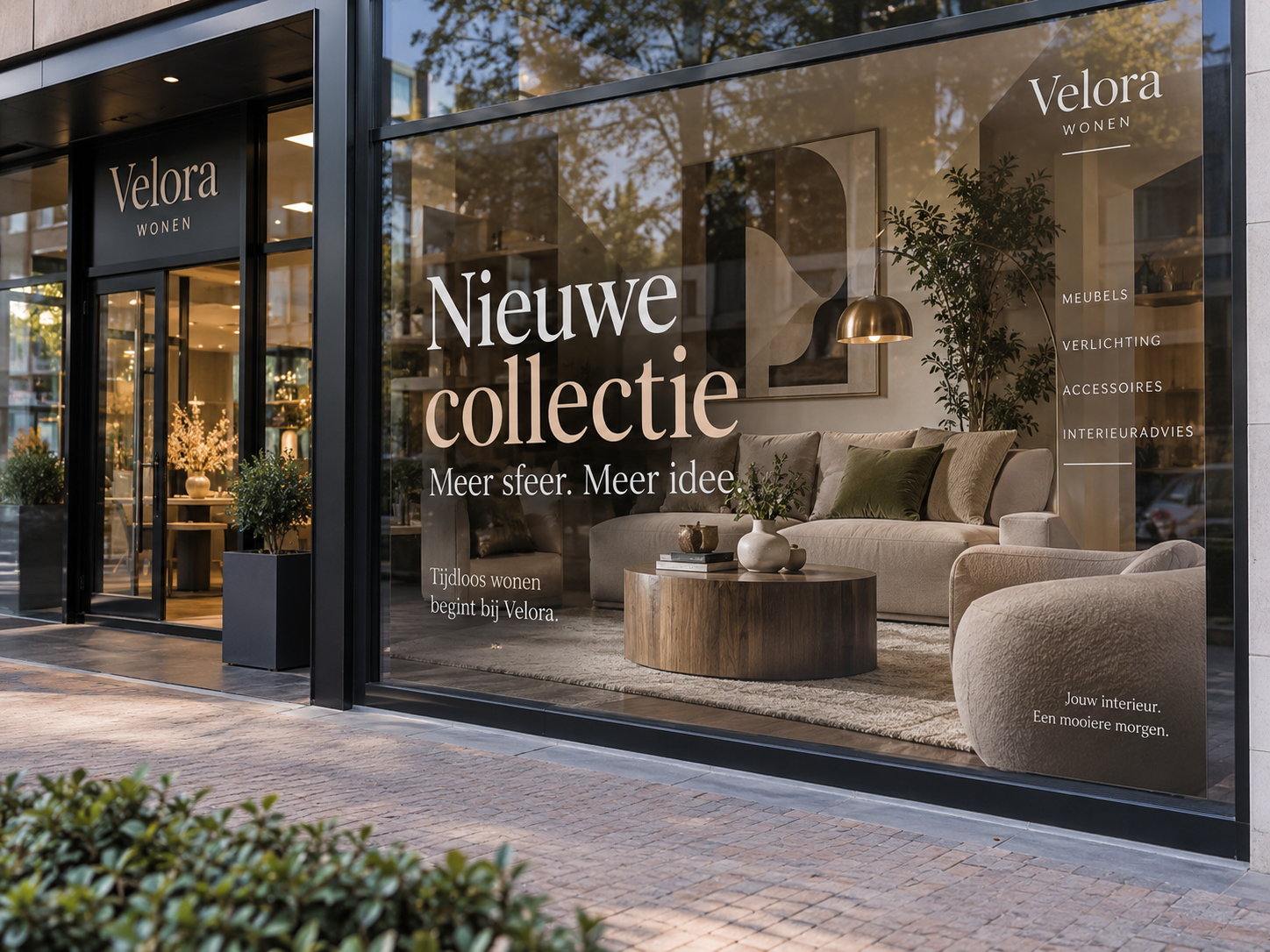 Professionele raamsticker met grote zakelijke campagnevisual op een moderne winkelruit