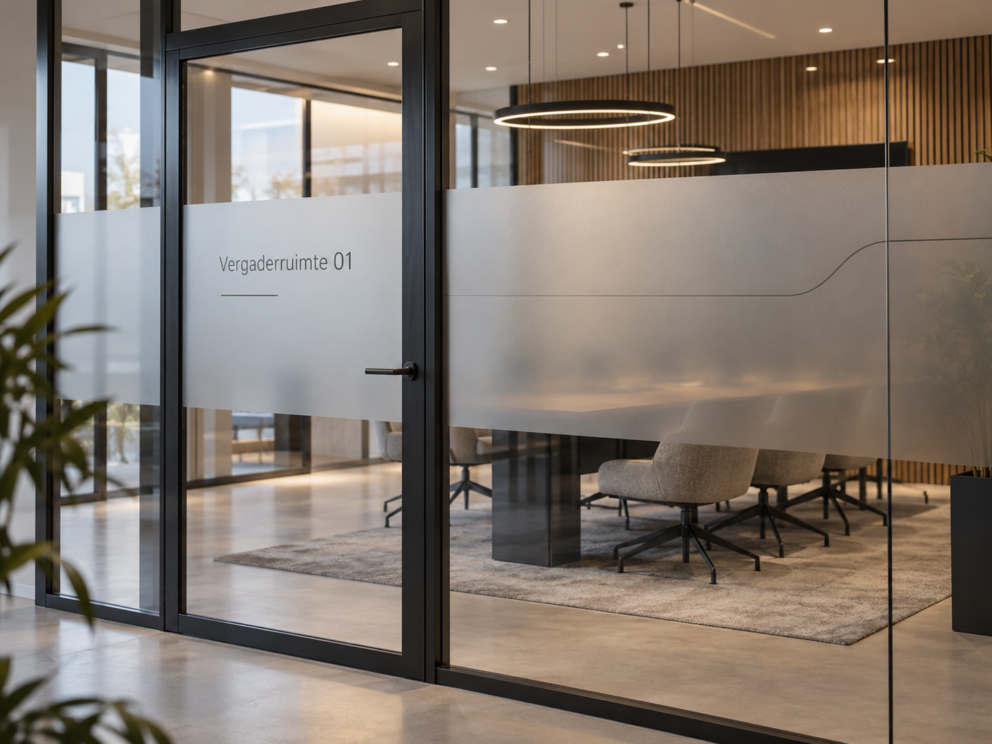 Moderne glazen kantoorwand met matte zandstraalfolie voor privacy in een professionele vergaderruimte
