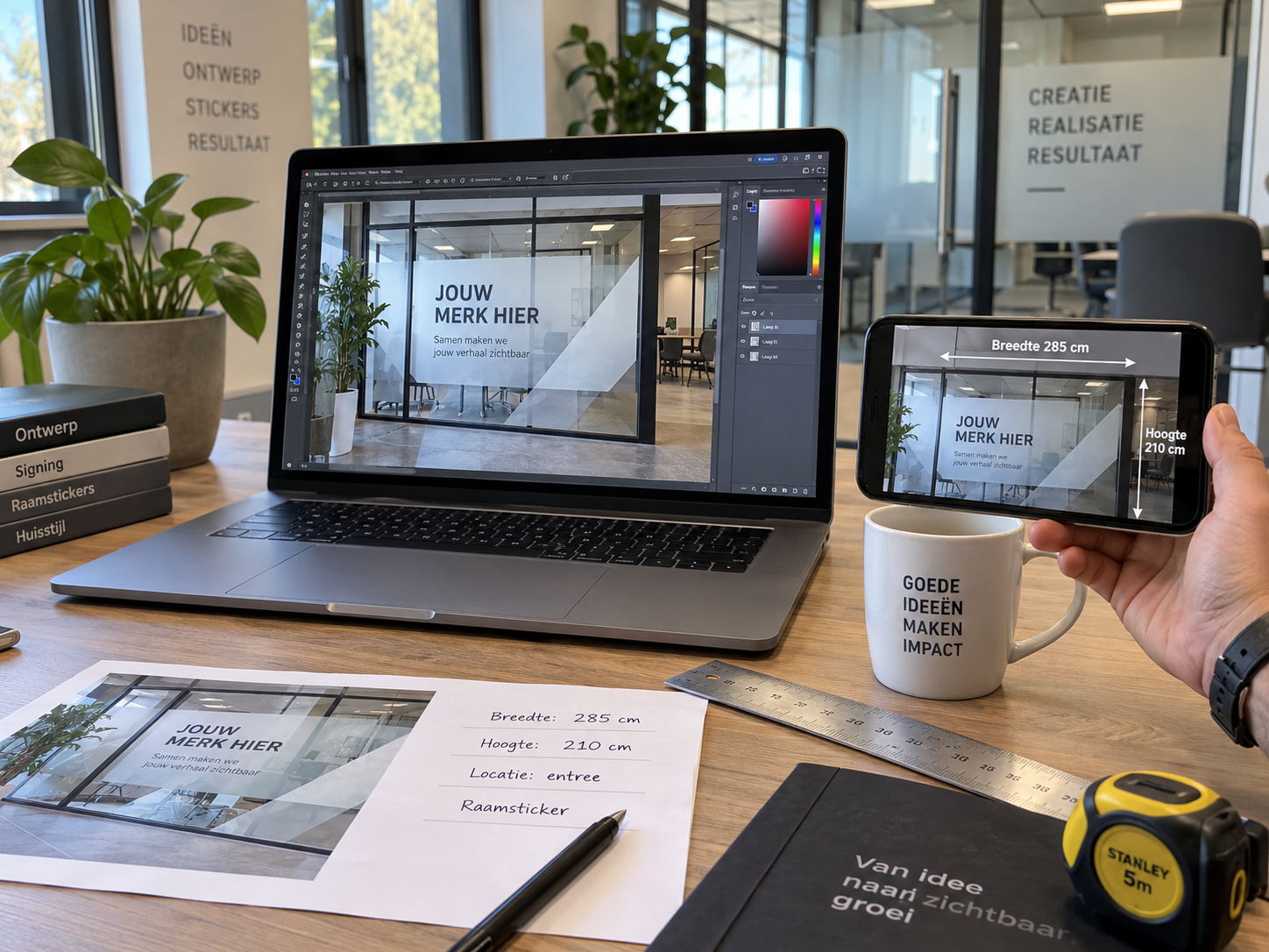 Professionele werkplek met smartphone met rechte foto van een zakelijke glaspartij laptop met raamontwerp en genoteerde breedte- en hoogtematen