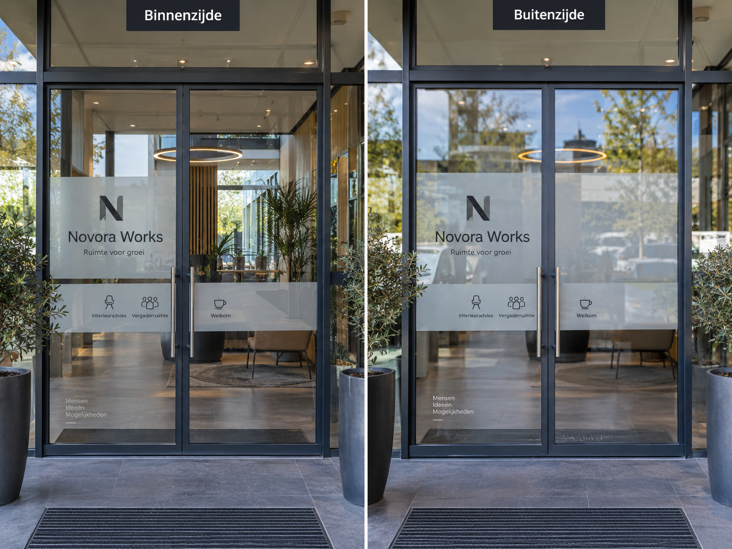 Fotografische vergelijking van raamfolie aan de binnenzijde en buitenzijde van dezelfde zakelijke glazen entree