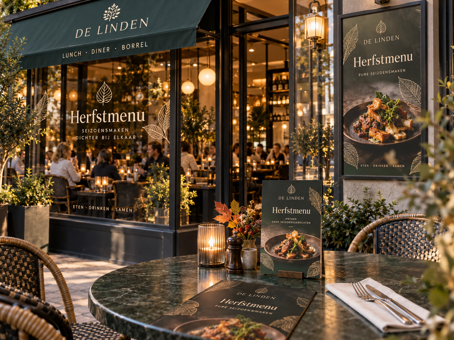 Dezelfde professionele horecazaak met tijdelijke seizoenscampagne op raam poster tafel en flyer binnen dezelfde huisstijl