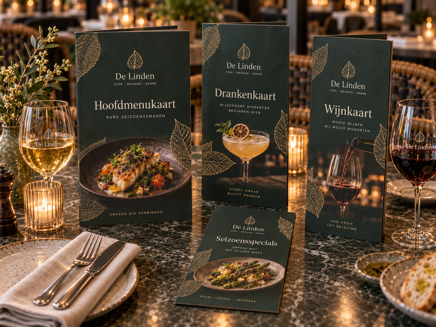 Professionele hoofdmenukaart drankenkaart wijnkaart en kaart voor seizoensspecials van hetzelfde restaurant