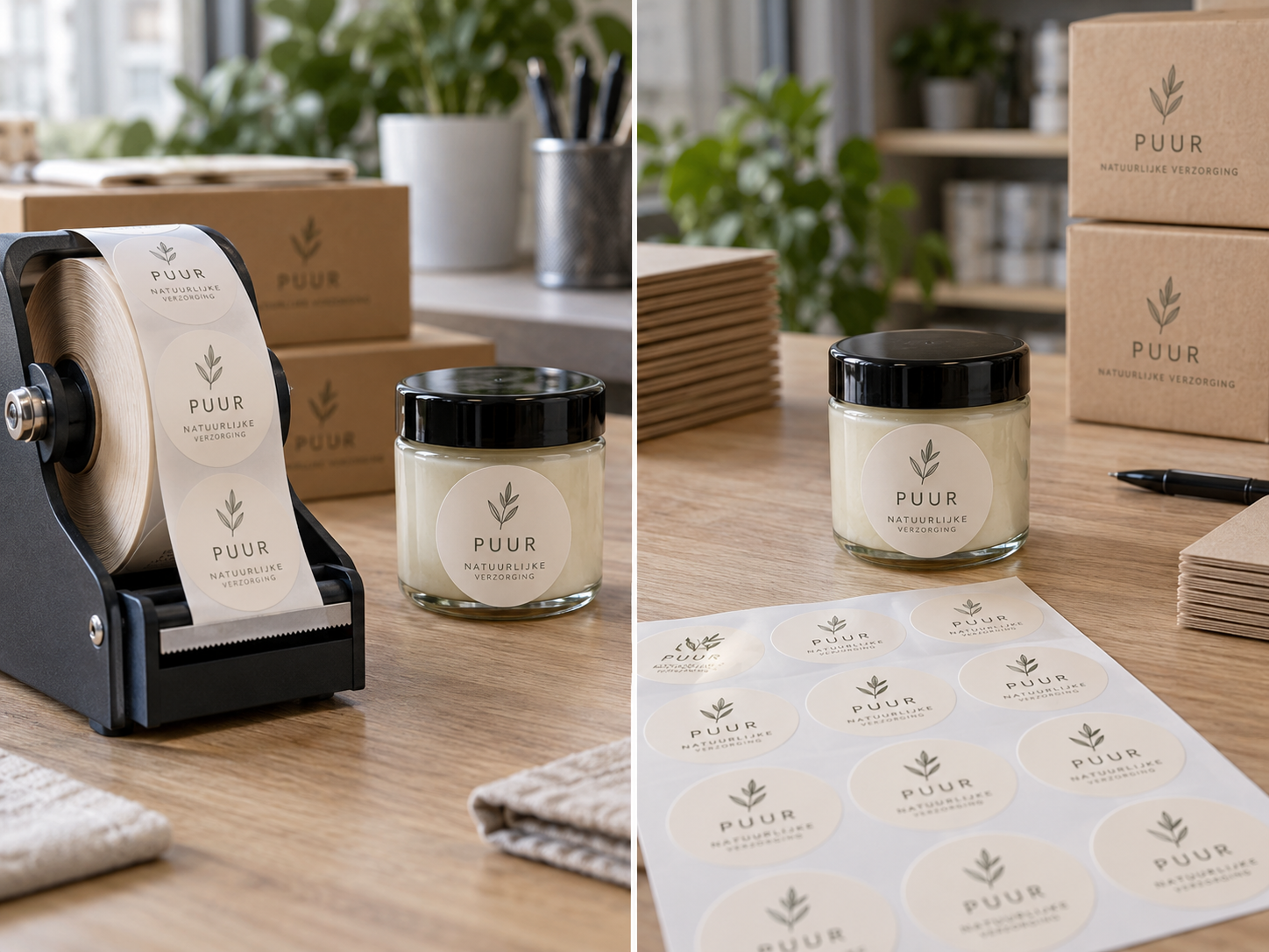Exact dezelfde zakelijke productsticker links op rol en rechts op stickervel naast hetzelfde product