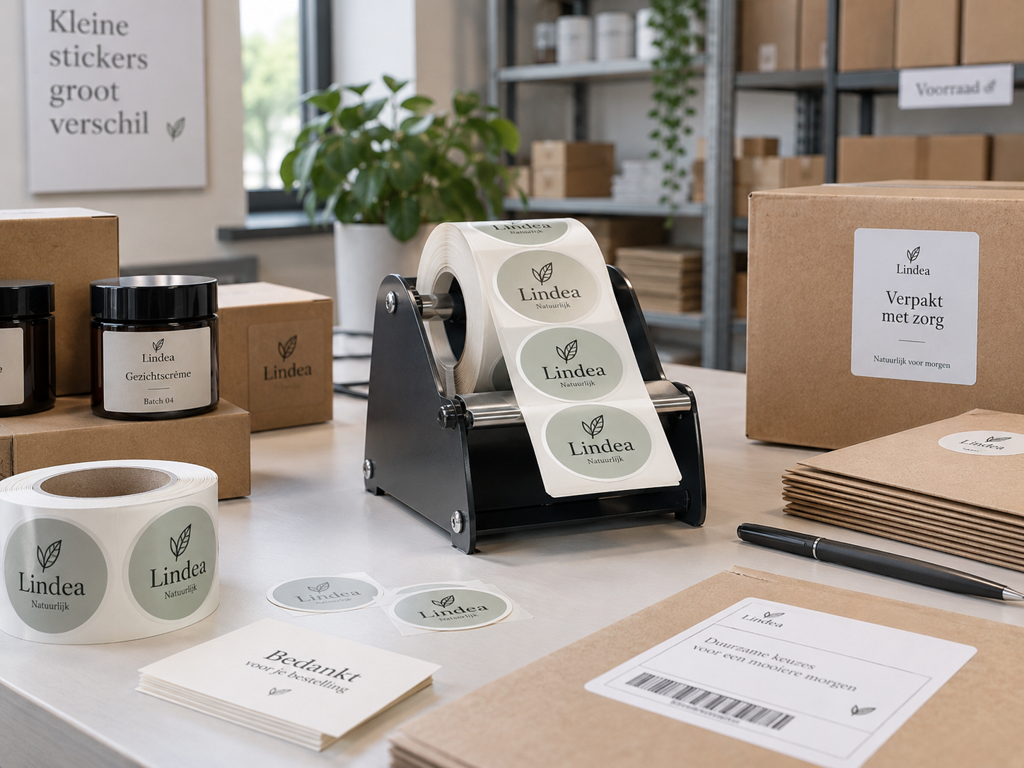 Professionele stickerrol in labeldispenser naast verpakkingen en een zakelijke etiketteeropstelling