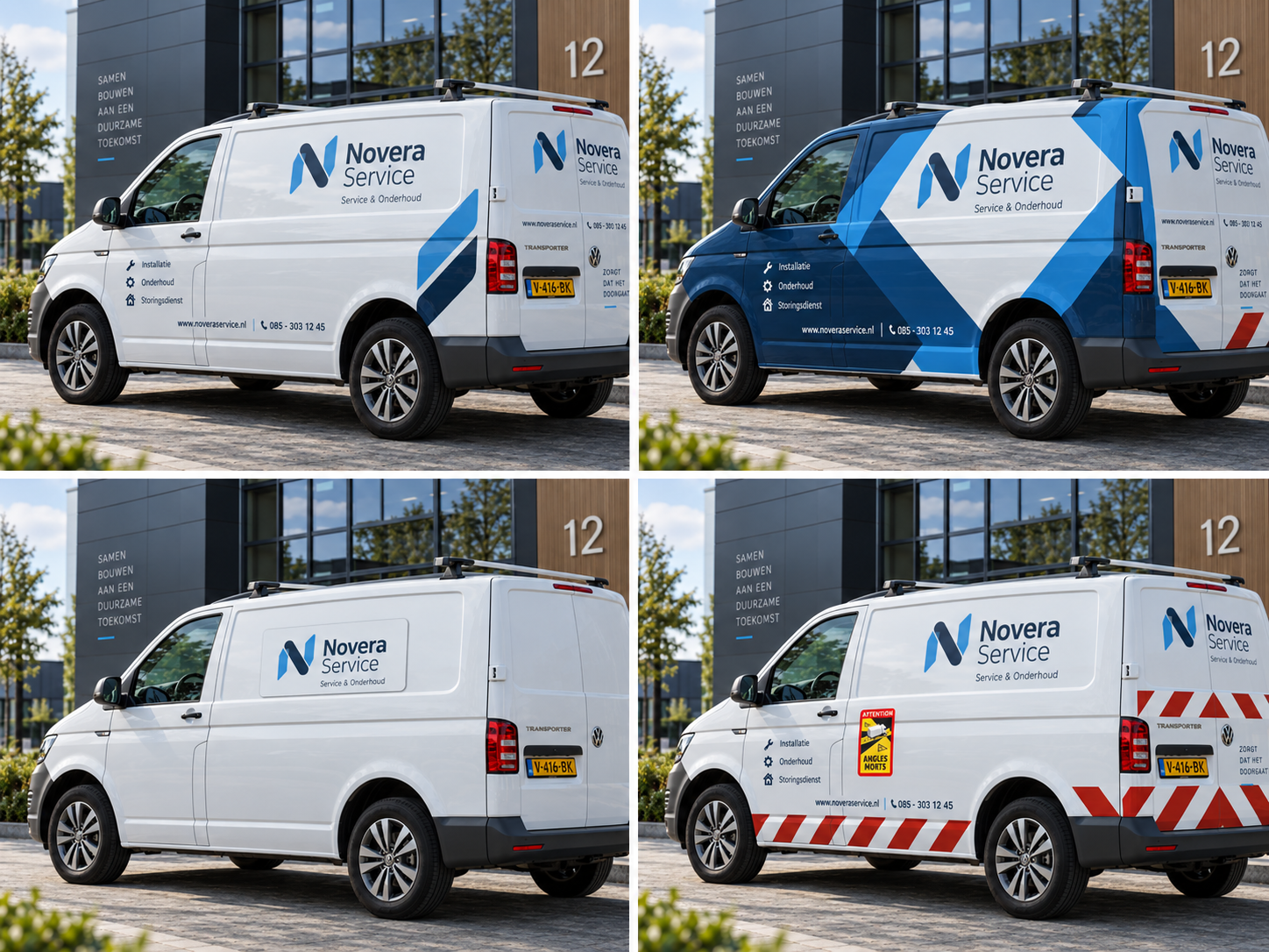 Hetzelfde zakelijke bedrijfsvoertuig in vier uitvoeringen met autostickers carwrap magneetsticker en functionele voertuigmarkering