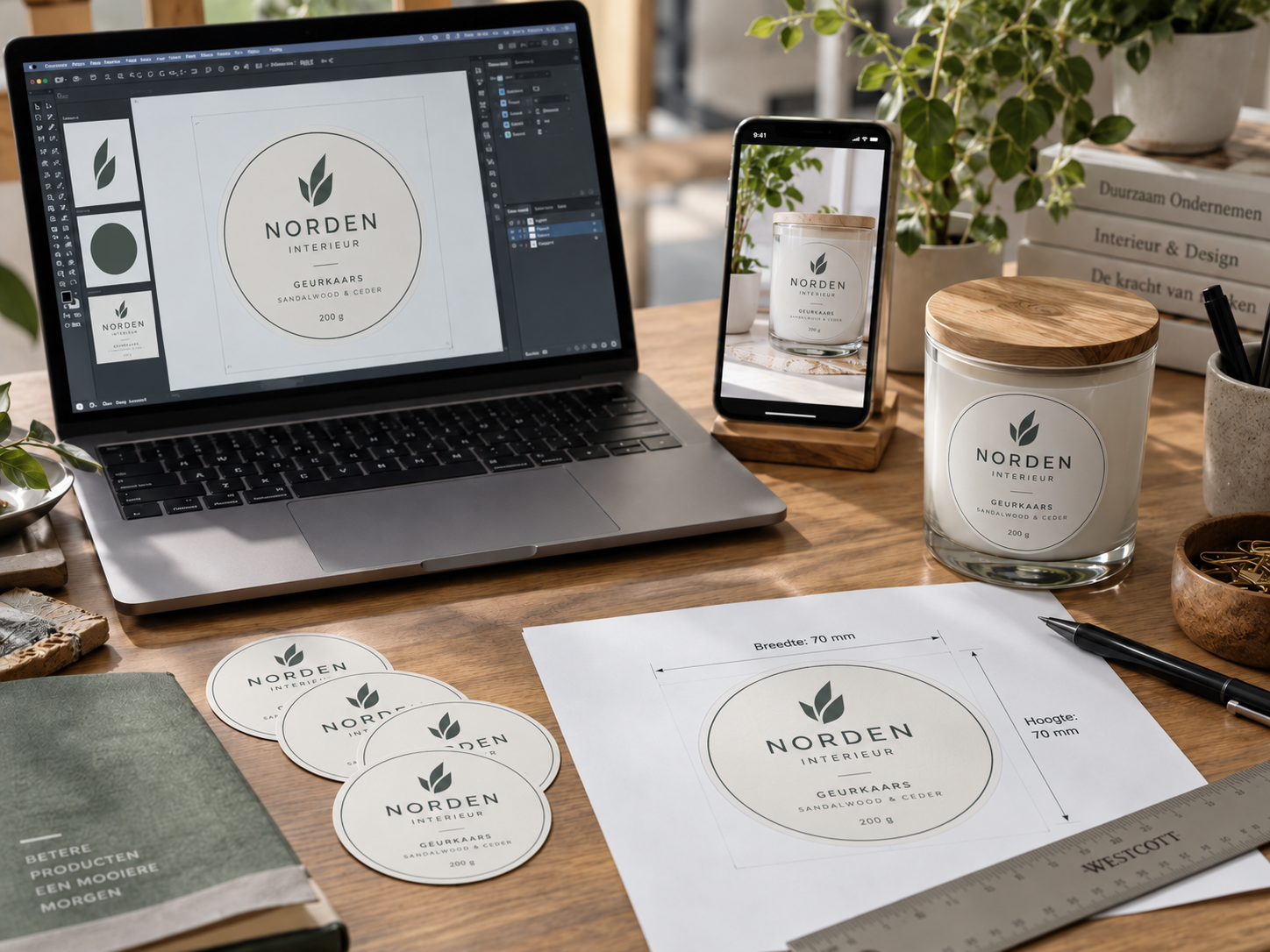 Professionele werkplek met laptop stickerontwerp smartphone met foto van toepassing geprinte maatvoering en bestaand label