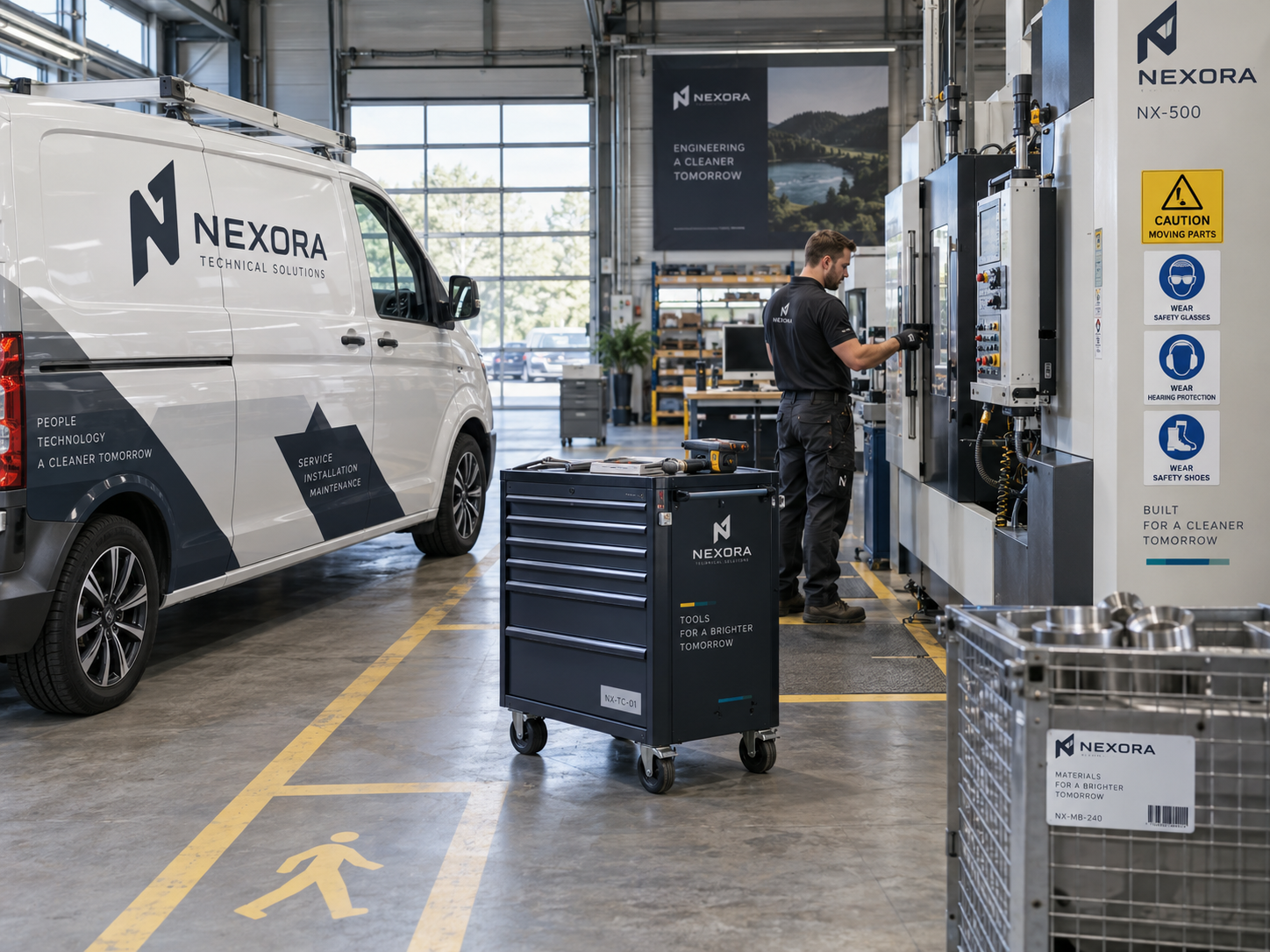 Moderne zakelijke omgeving met specialistische stickers toegepast op voertuig machine metalen bedrijfsmiddel en functionele markering