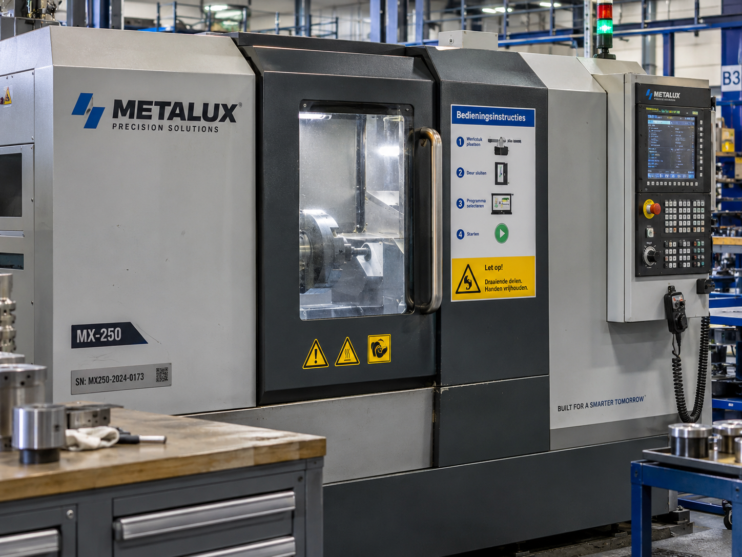 Professionele technische machine met robuuste identificatie instructie en merkstickers in een zakelijke productieomgeving