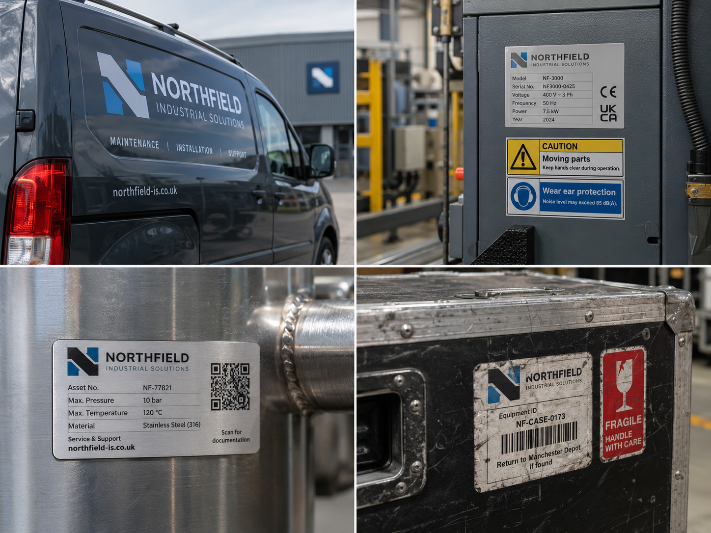 Verschillende specialistische stickers toegepast op voertuig machine metalen oppervlak en intensief gebruikt bedrijfsmiddel