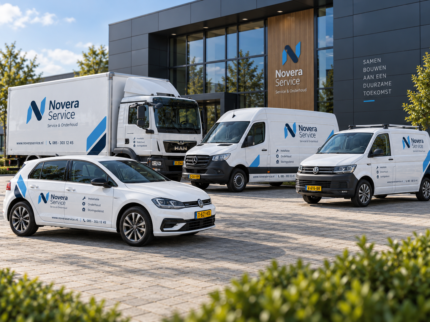 Meerdere verschillende bedrijfsvoertuigen van dezelfde fictieve onderneming met consistente professionele voertuigbranding
