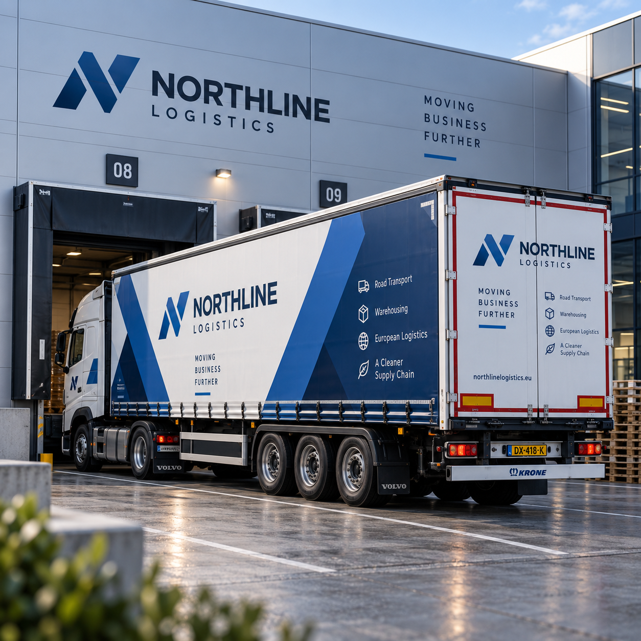 Professioneel beletterde vrachtwagen bij een logistiek laadperron