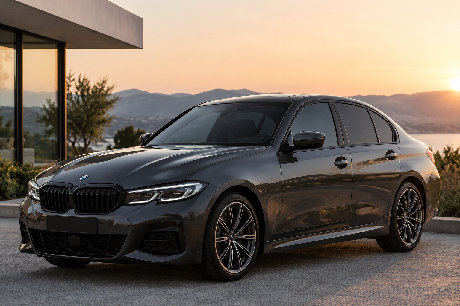 Donkergrijze premium sedan met subtiel getinte autoruiten als combinatie van warmtecomfort en stijlvolle uitstraling