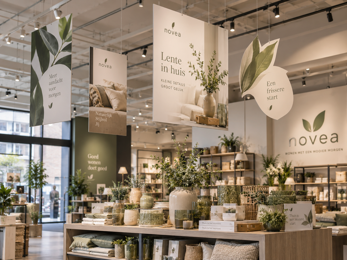 Professionele winkelvloer met meerdere aan het plafond hangende bedrukte displaykartonnen campagnepanelen
