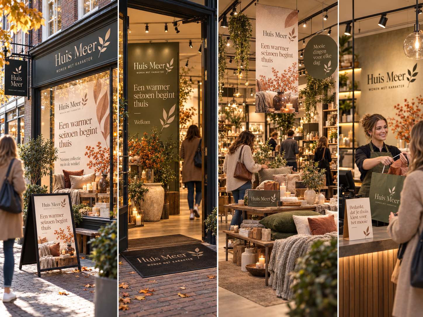 Visuele klantreis door dezelfde winkel van stoep en etalage via entree en winkelvloer tot kassa
