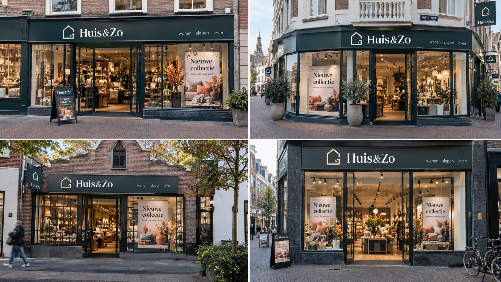Meerdere verschillende Nederlandse winkels van dezelfde fictieve retailformule met dezelfde campagne